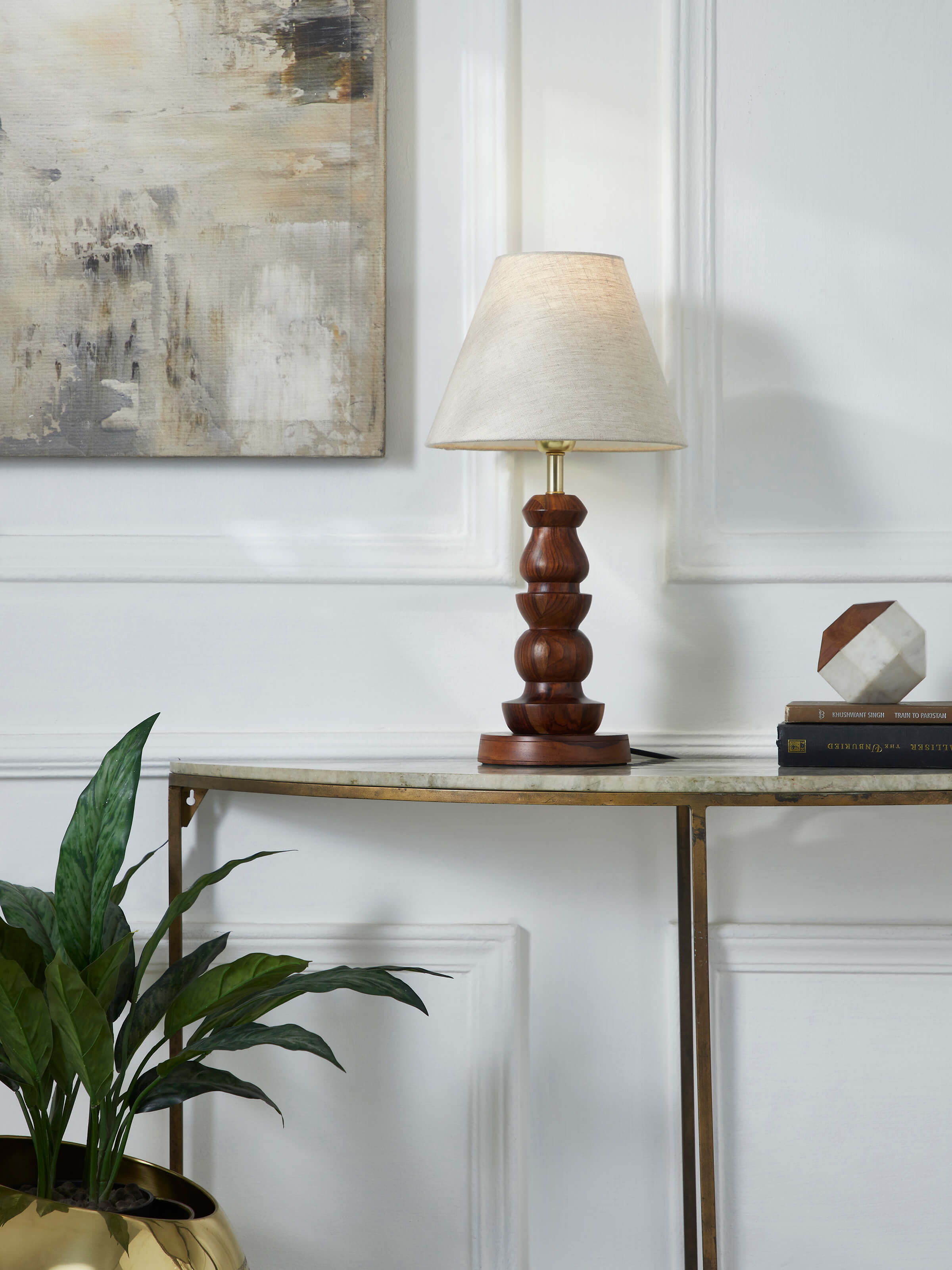 Side view of Wood & cotton fabric table lamp