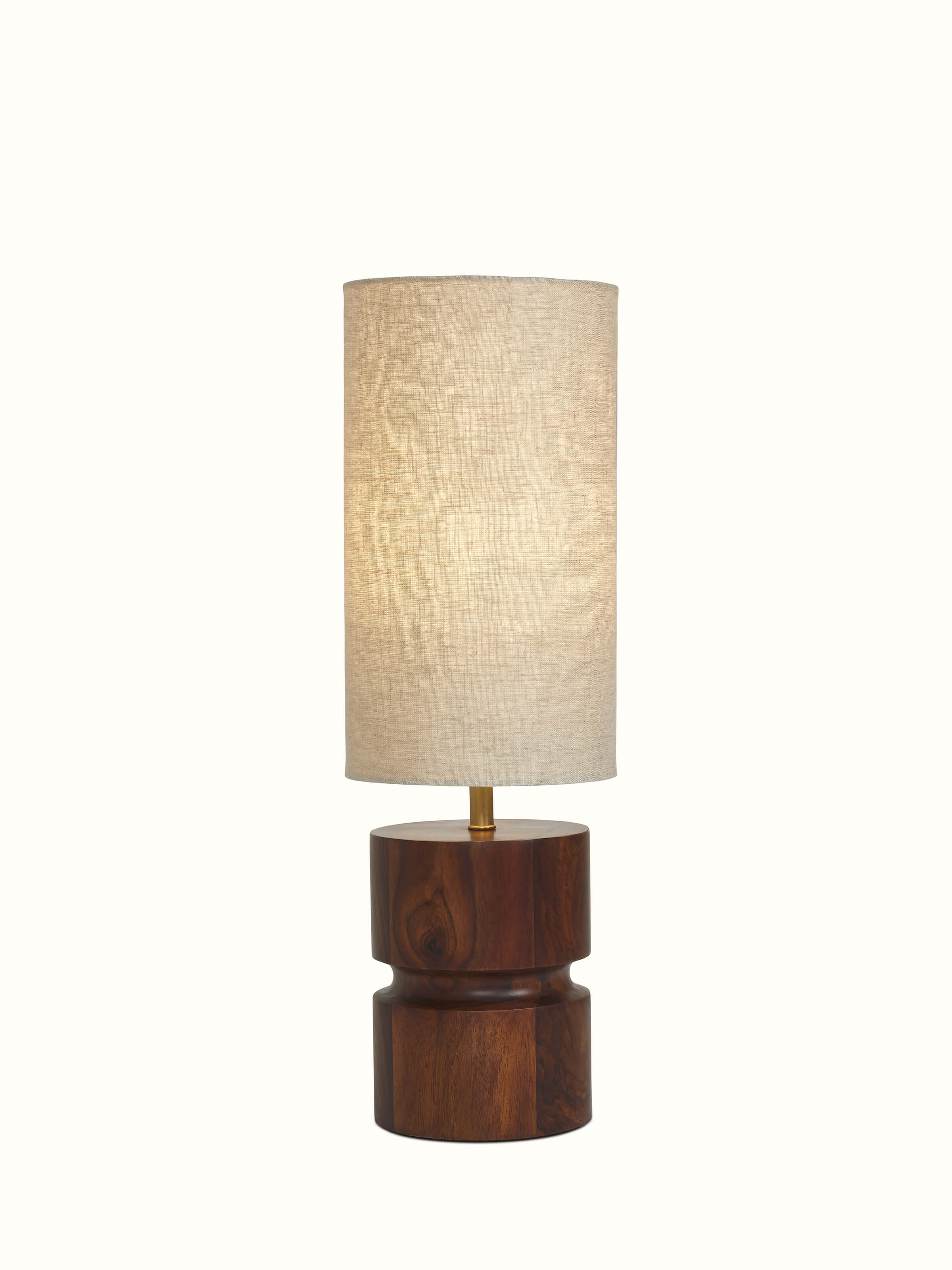 Tall beige wood and cotton fabric table lamp, featuring a classic design and elegant finish.