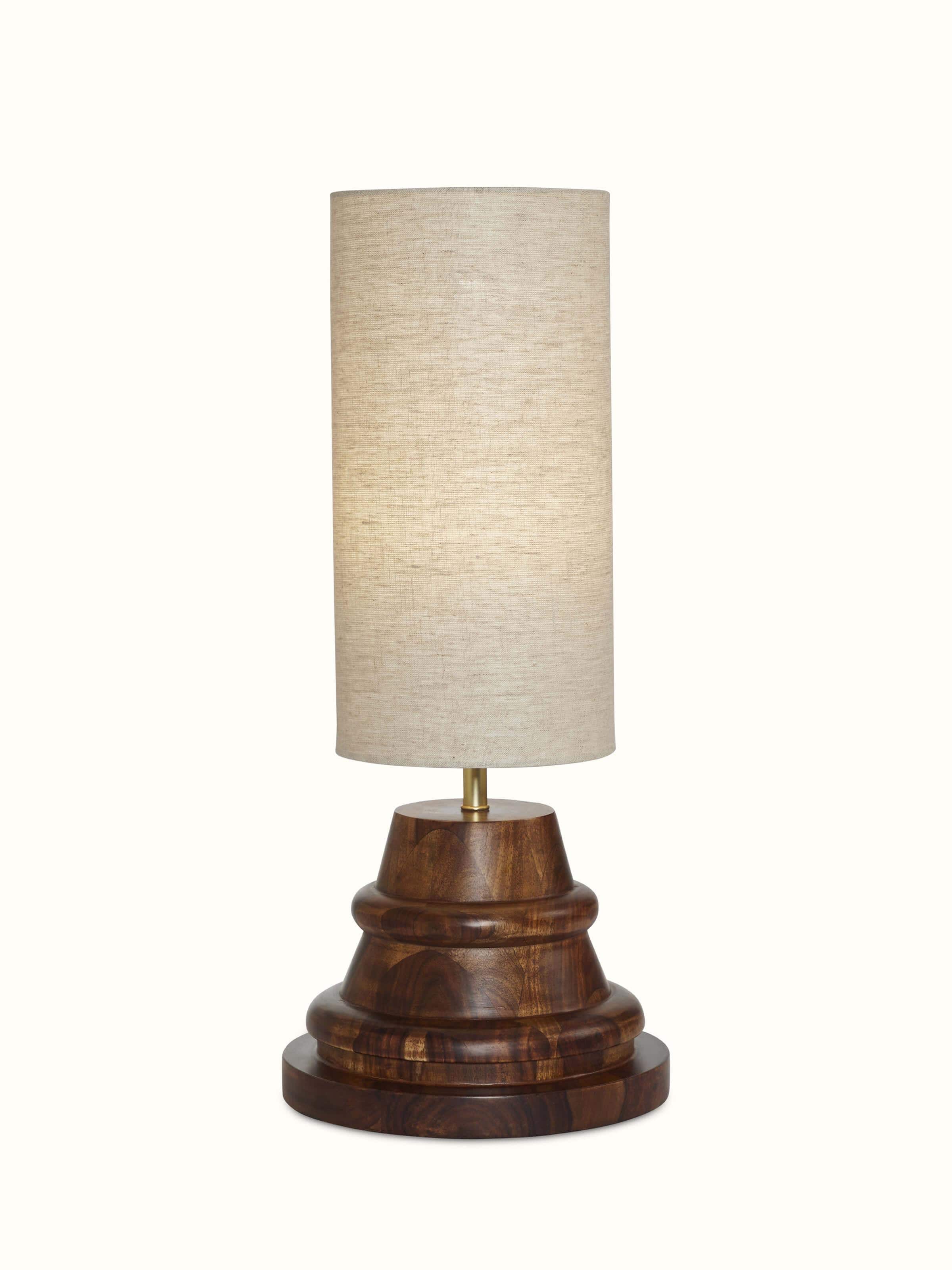 Front view of Wooden Console Lamp with Beige Cotton Fabric Shade, showcasing elegant wooden base and soft shade