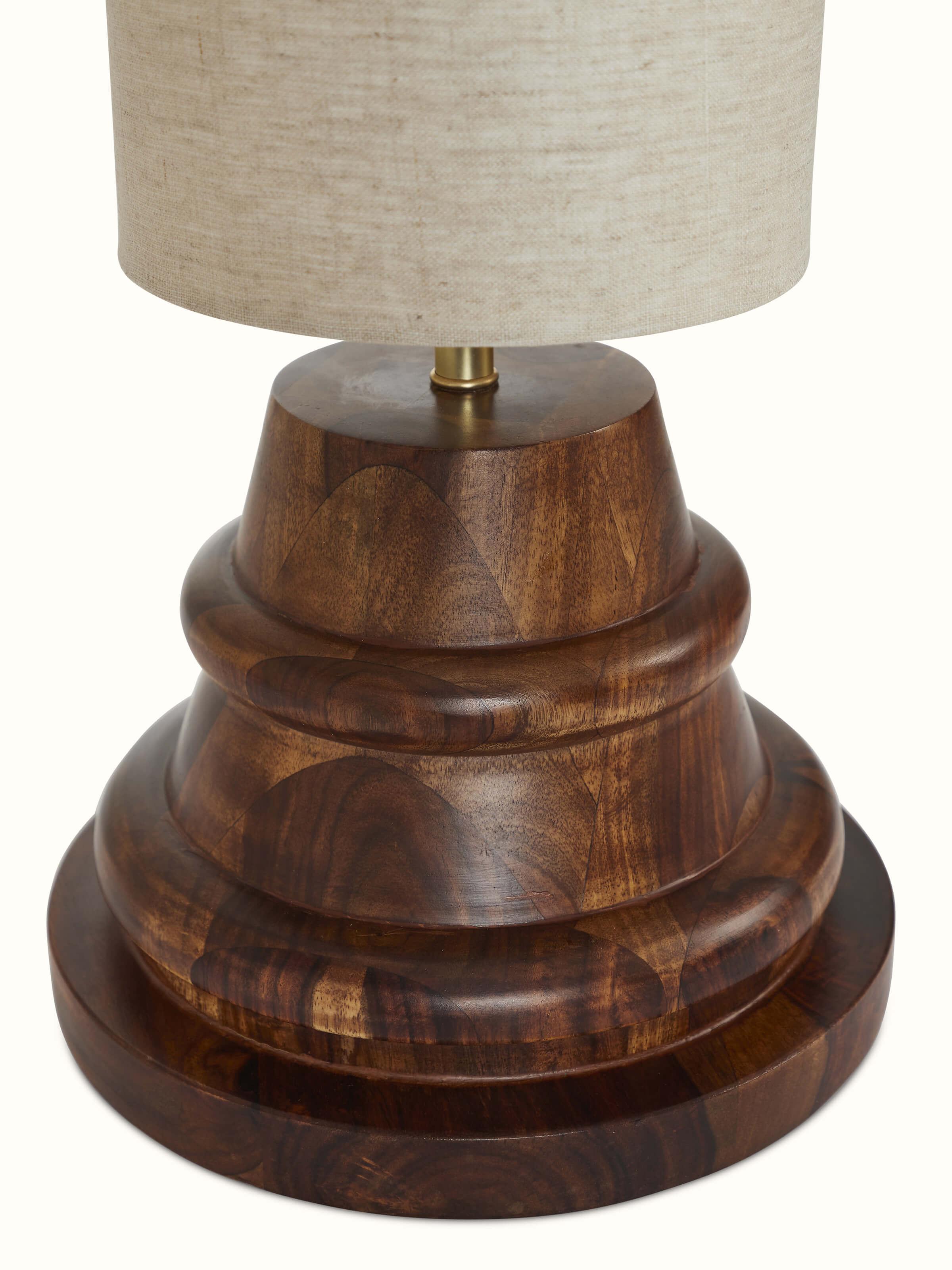 Close-up of Wooden Console Lamp with Beige Cotton Fabric Shade, showing texture of fabric and wooden base