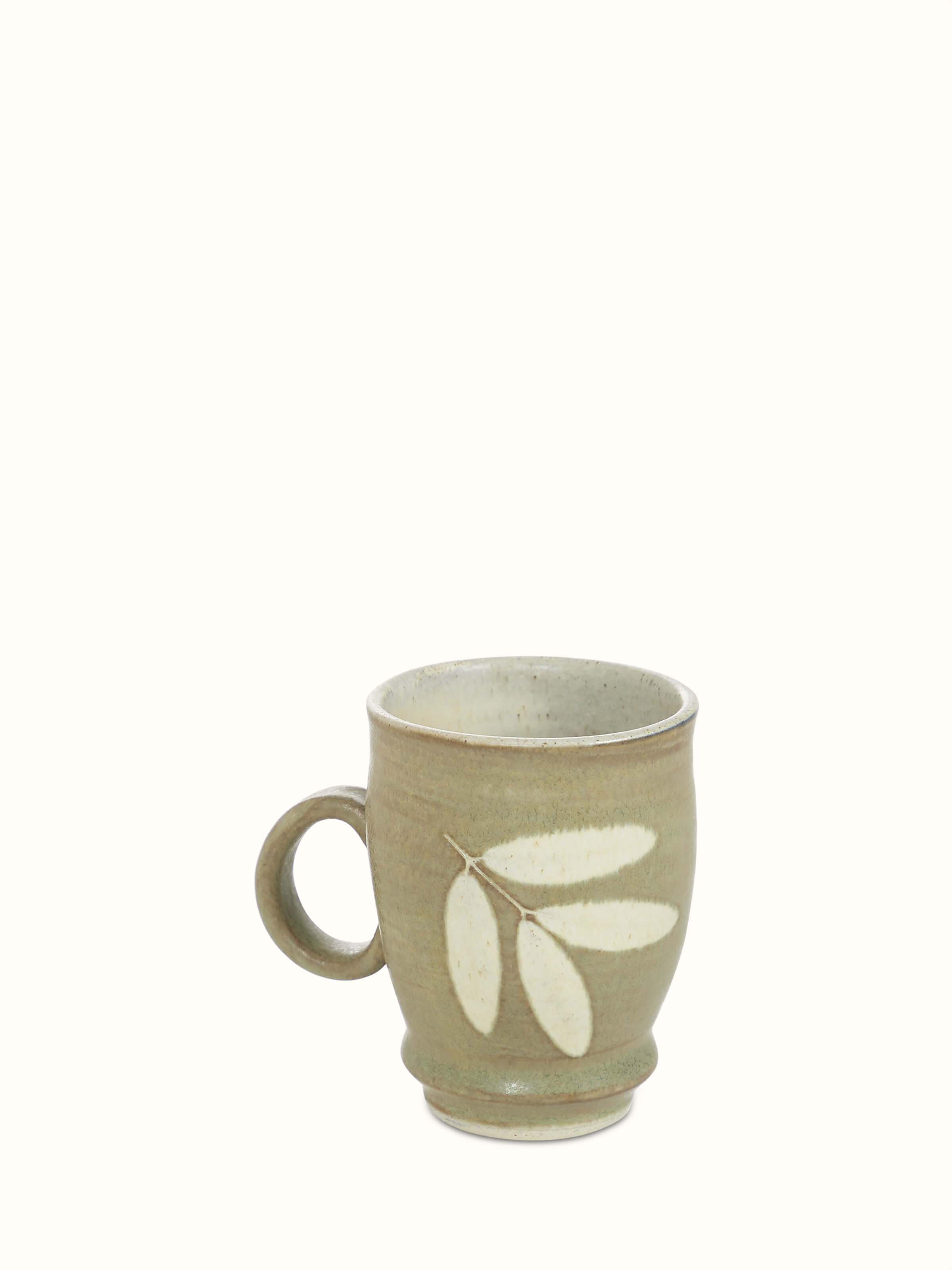 Top view of Studio pottery ceramic coffee mug in olive color showcasing its rounded design