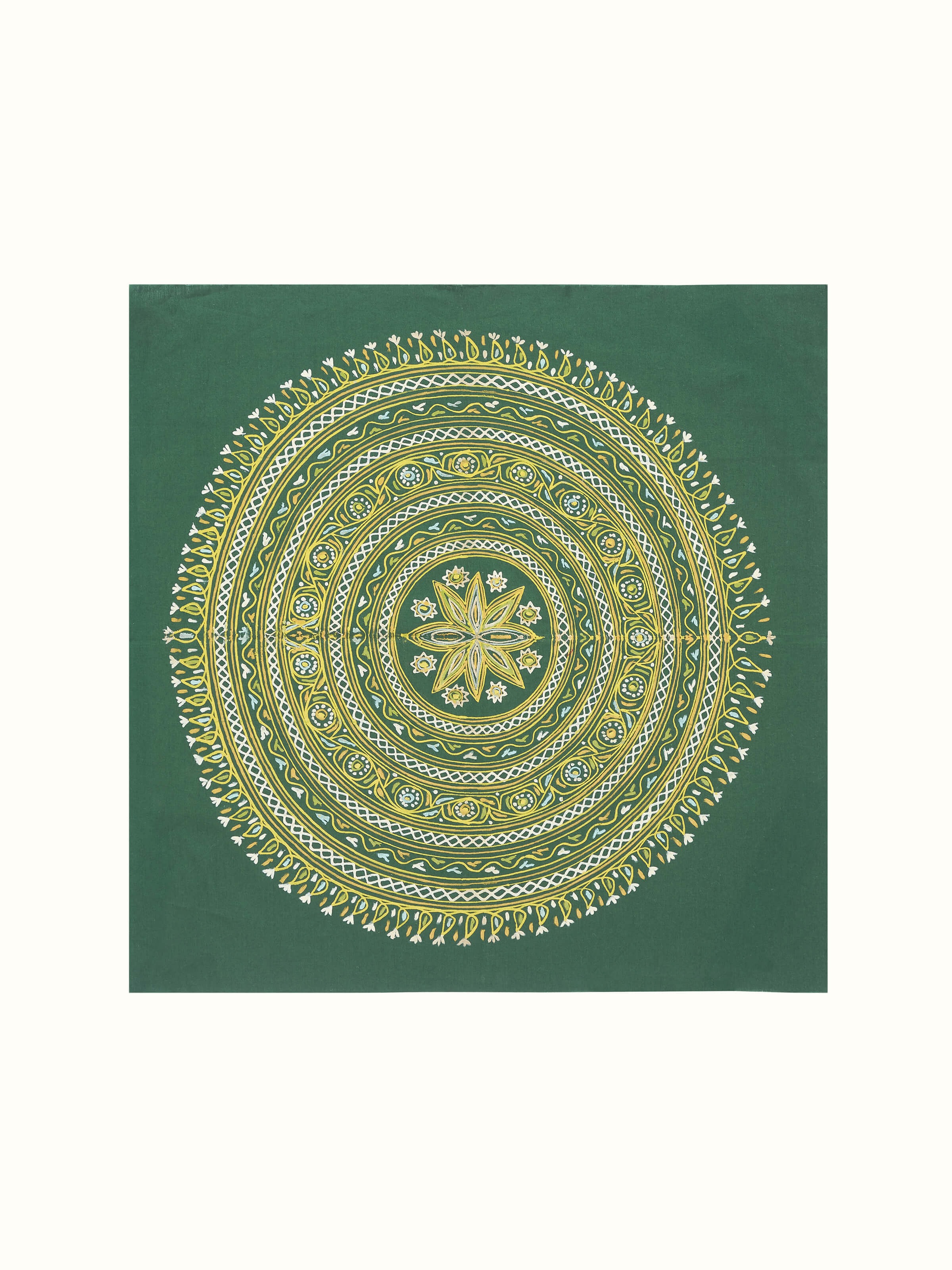 Front view of Rogan castor oil & pigment mandala painting with vibrant colors