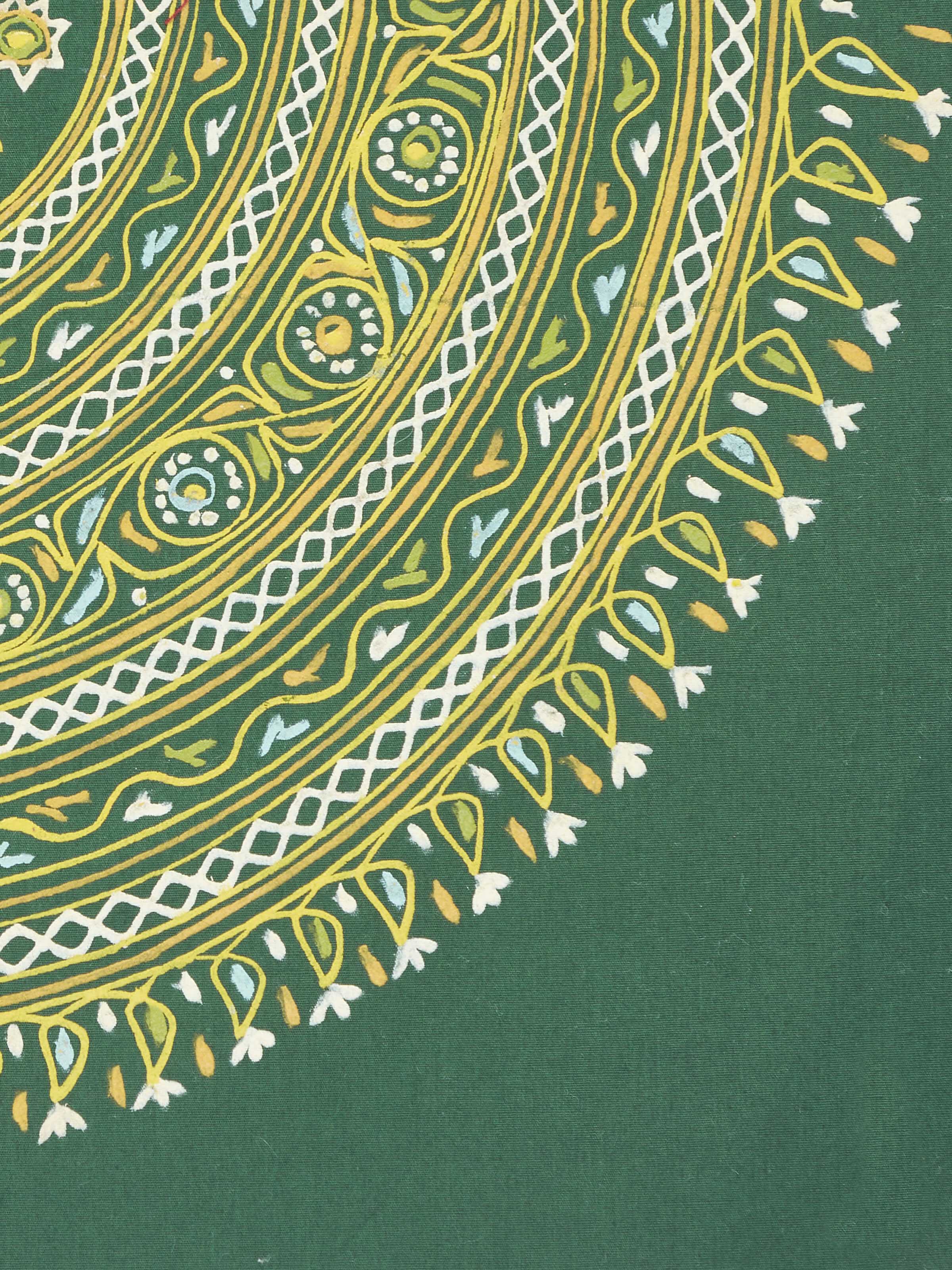 Side view of Rogan castor oil & pigment mandala painting emphasizing artistic details