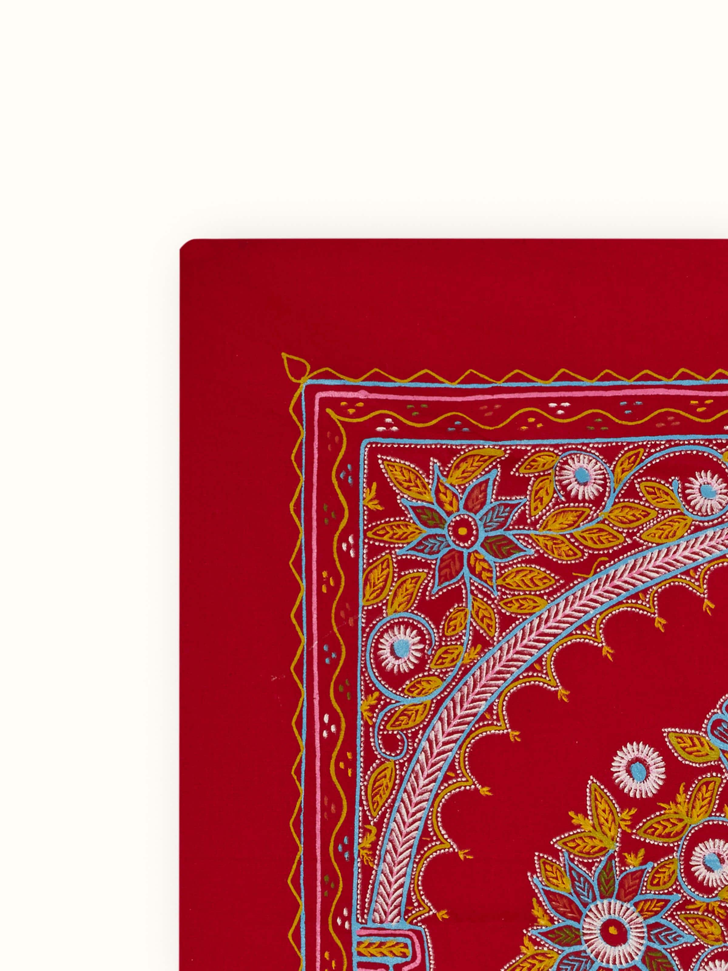 Side view of Rogan castor oil & pigment sansar painting showcasing fine details and artistry