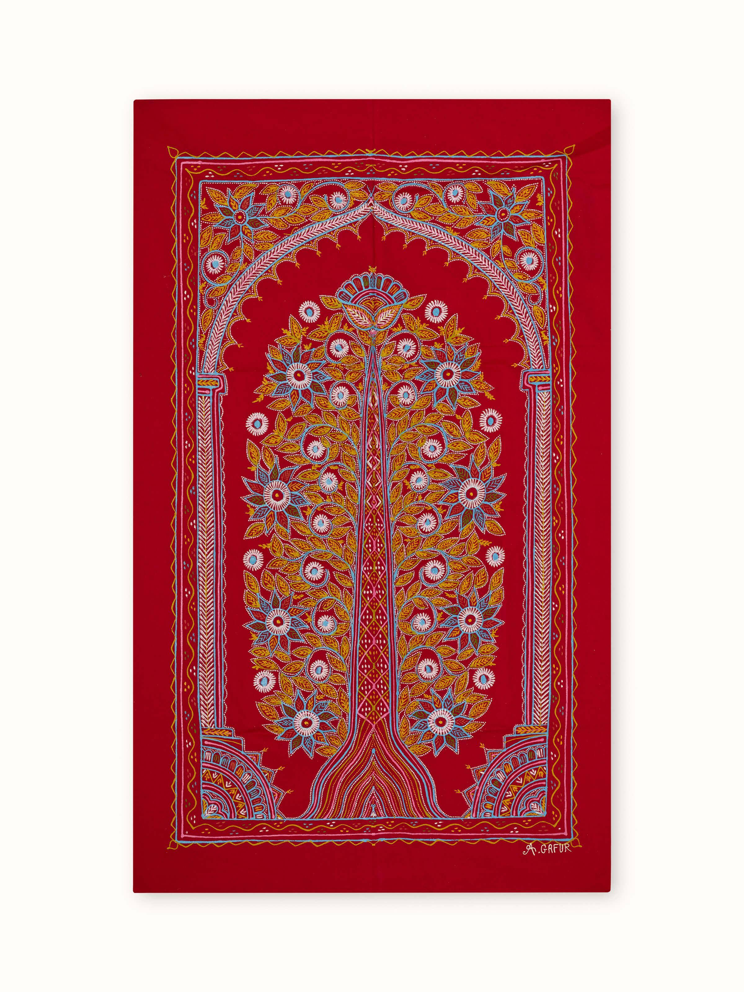 Detailed view of Rogan castor oil & pigment sansar painting highlighting traditional art