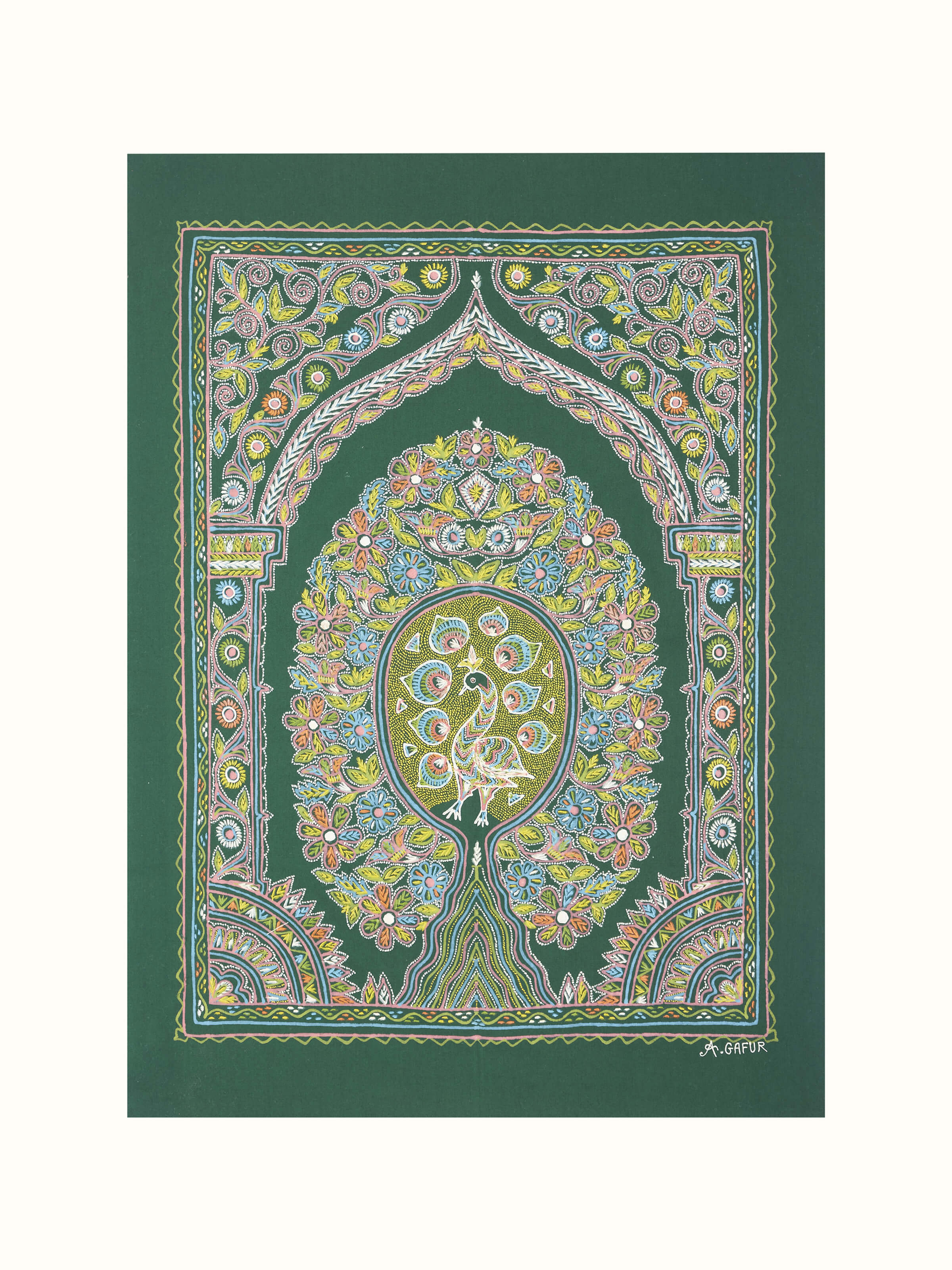 Front view of Rogan castor oil & pigment chetna painting displaying vibrant colors and traditional patterns