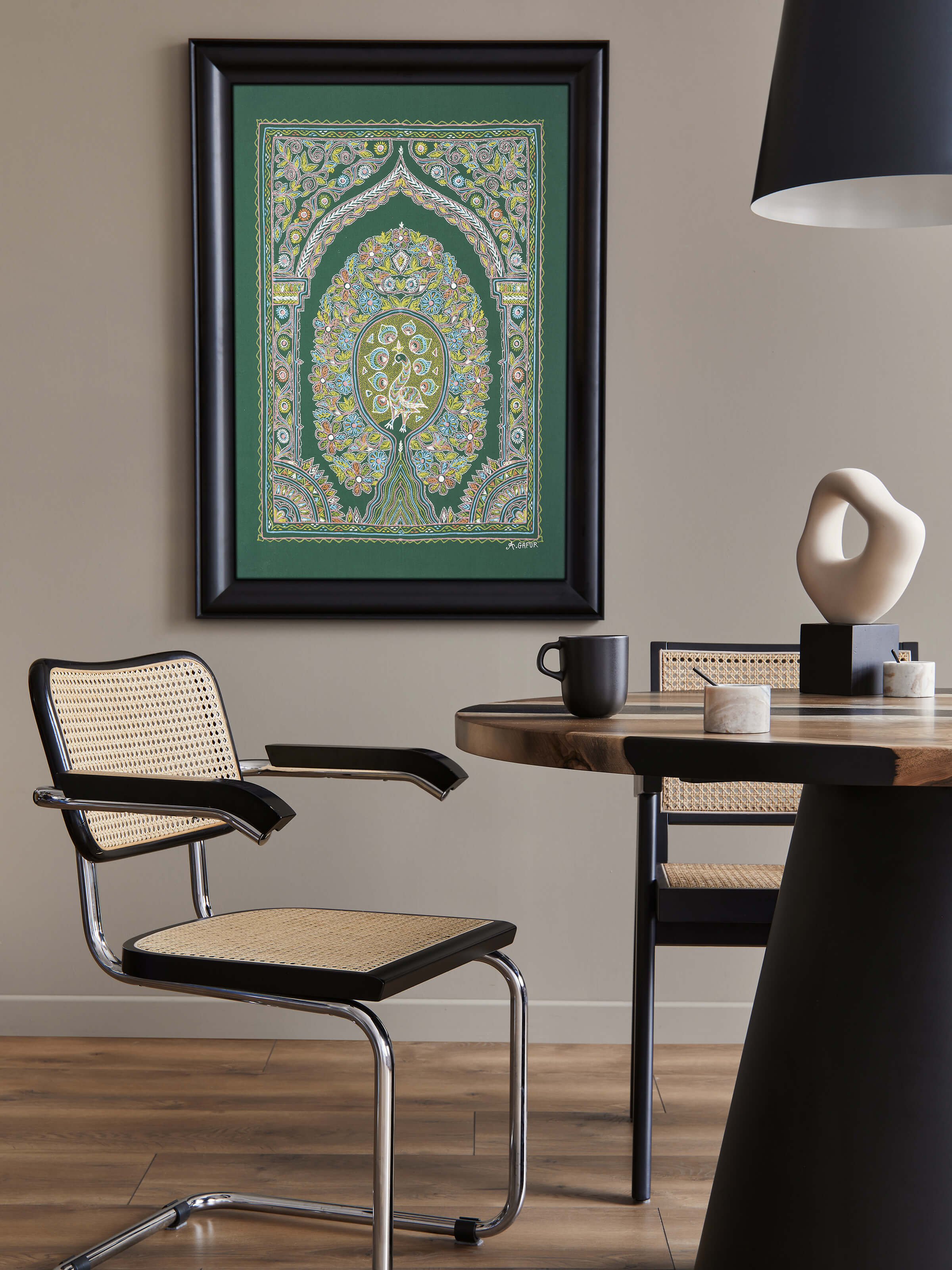 Close-up of Rogan castor oil & pigment chetna painting showing detailed artwork and color application