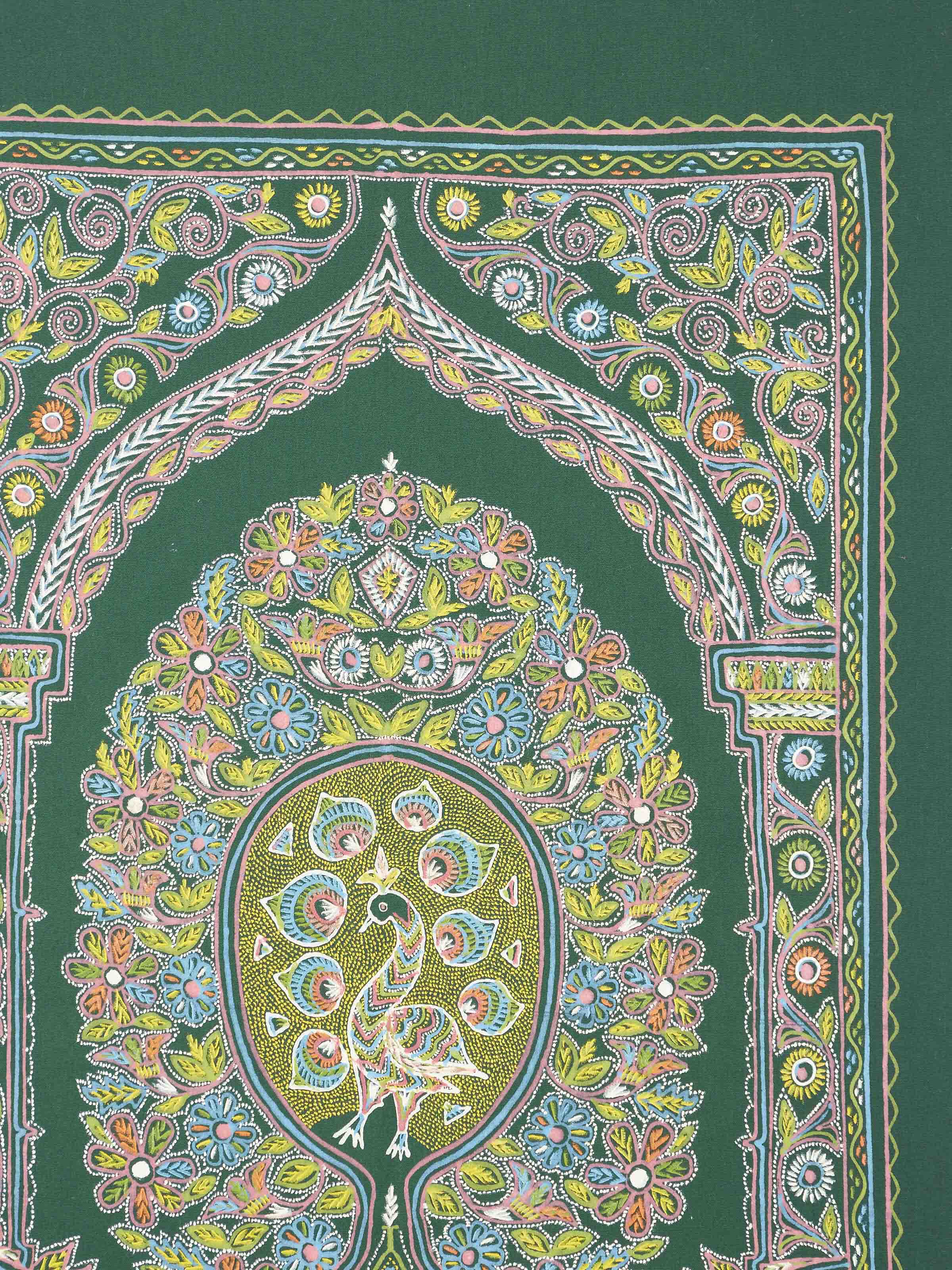 Angled view of Rogan castor oil & pigment chetna painting highlighting texture and artistic details