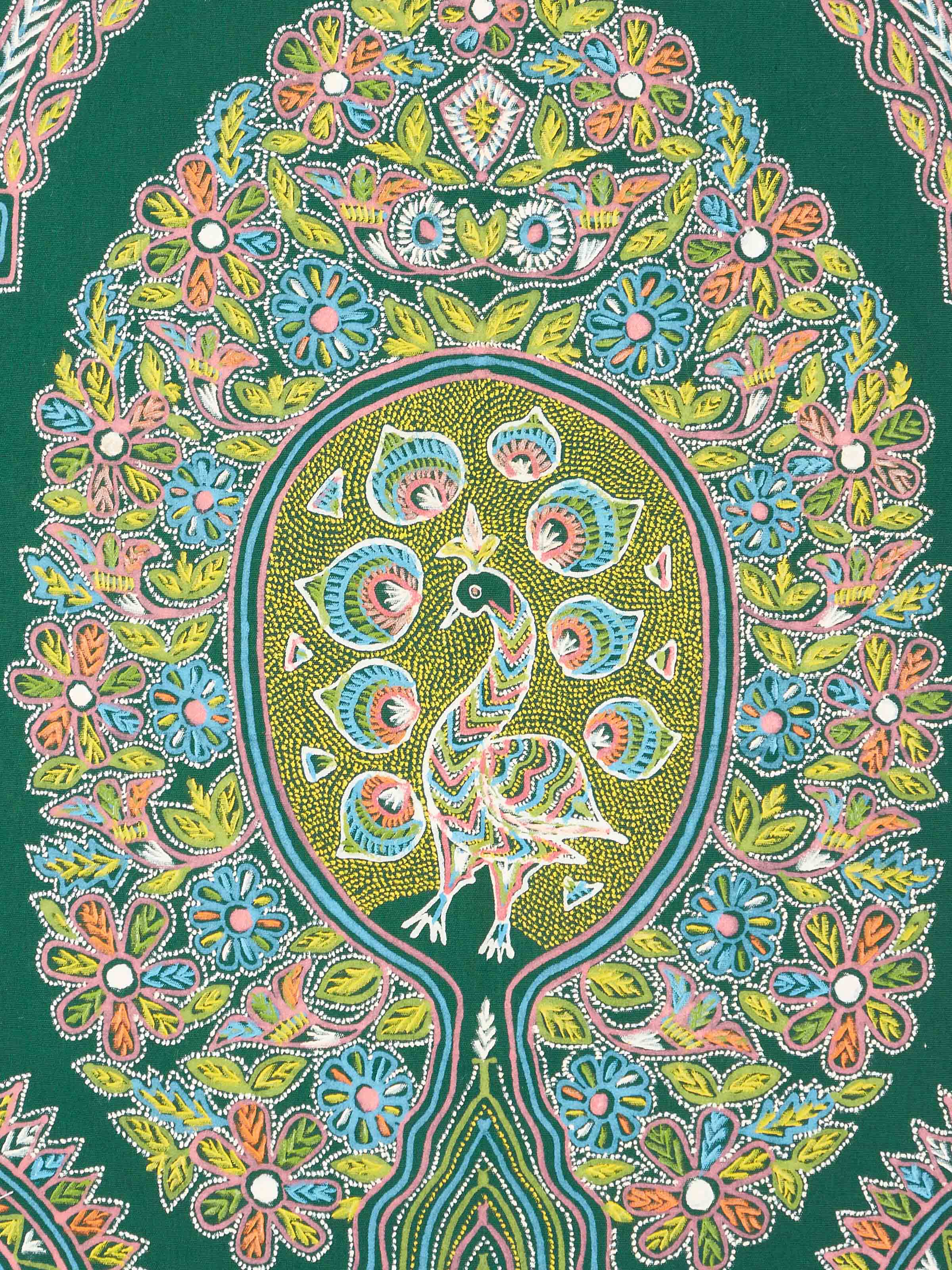 Side view of Rogan castor oil & pigment chetna painting showcasing intricate designs and vibrant pigments