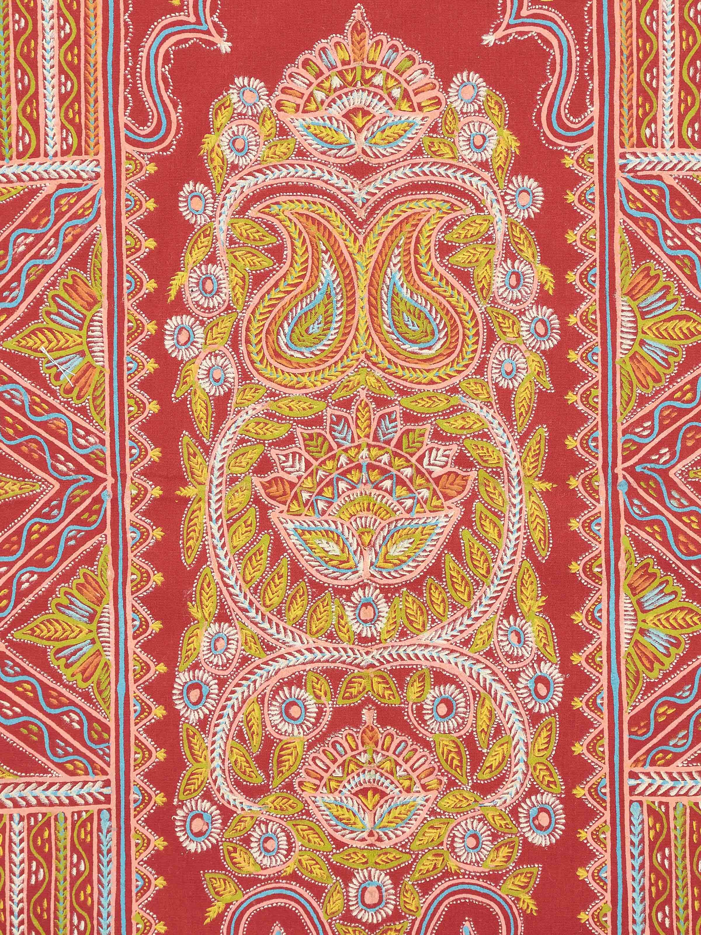 Close-up view of Rogan Castor Oil & Pigment Tree of Life Painting by Swadesh, focusing on the intricate details and vibrant colors.