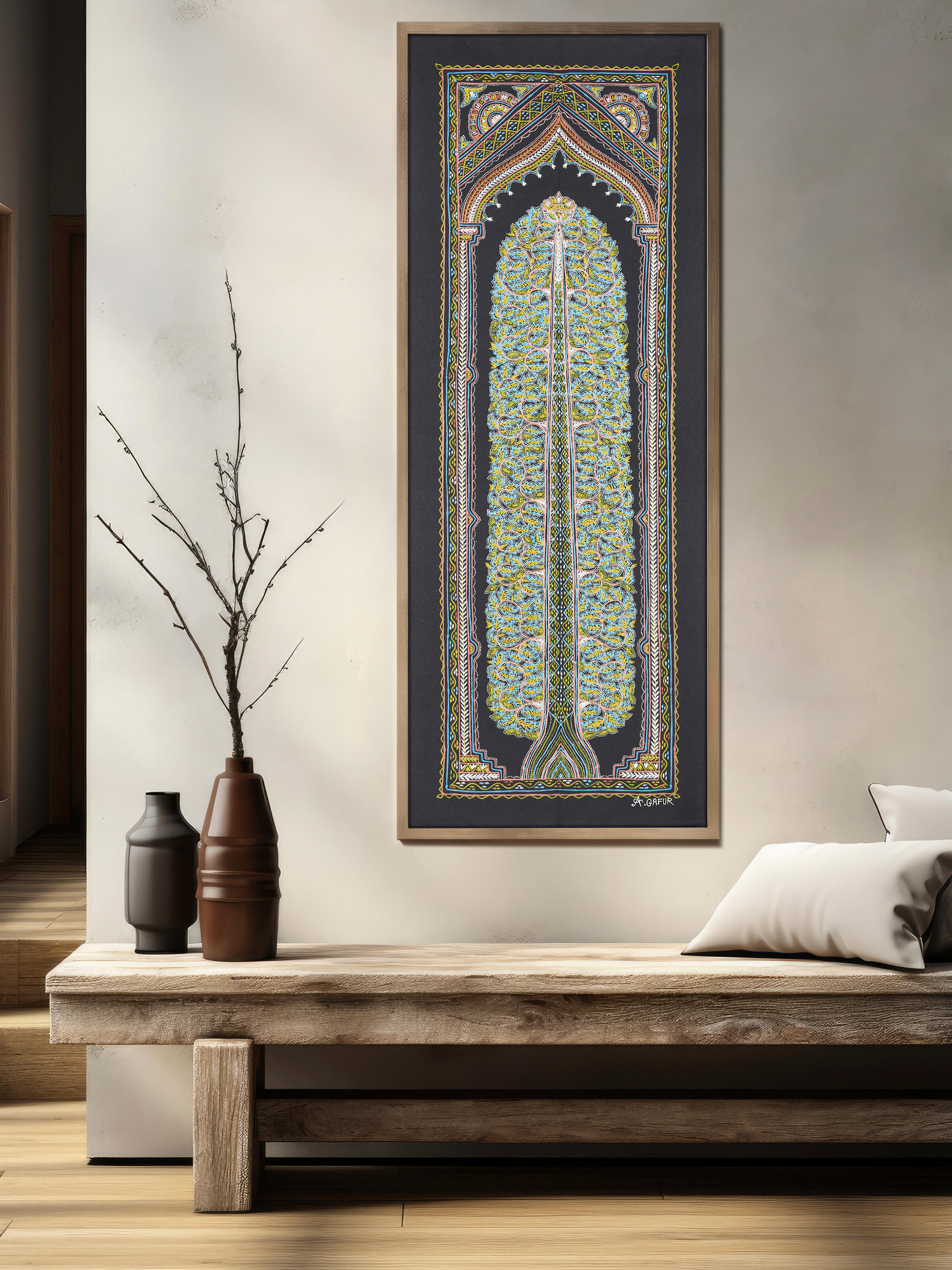 Side view of Rogan Castor Oil & Pigment Jivandrishti Painting by Swadesh highlighting the fine brushwork and rich texture.