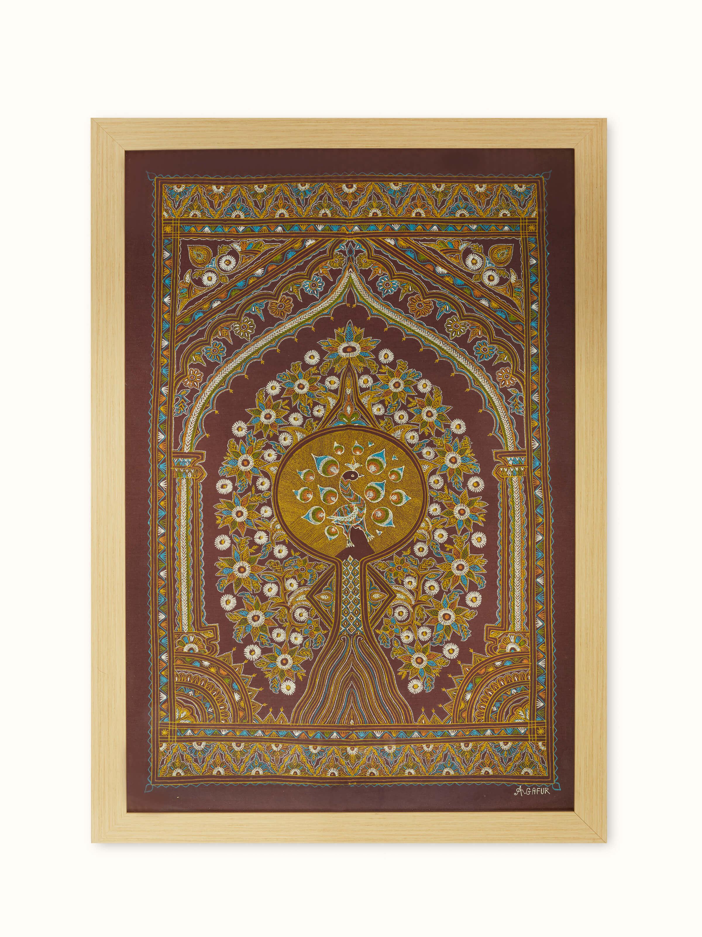 Front view of Rogan Castor Oil & Pigment Mayura on Tree of Life Painting highlighting artistry