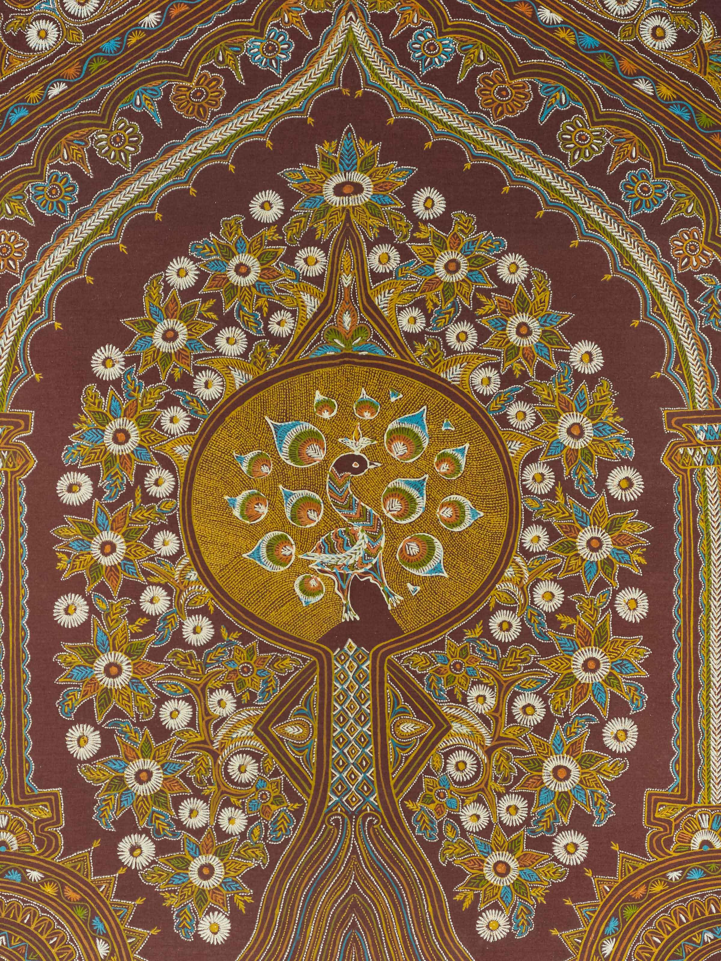 Detailed shot of Rogan Castor Oil & Pigment Mayura on Tree of Life Painting showcasing artwork details