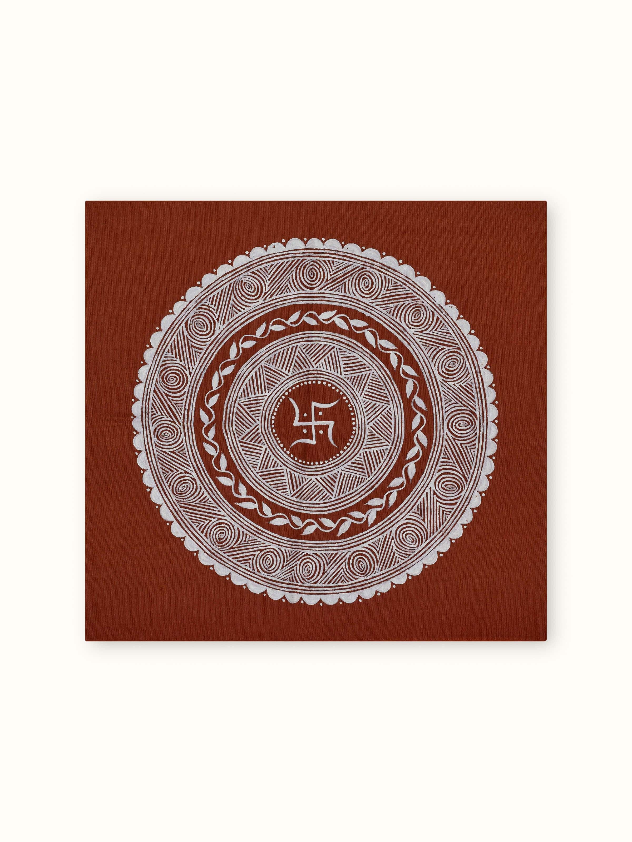 Front view of Aipan Swastik Painting, showcasing the traditional Aipan art form and vibrant color scheme.