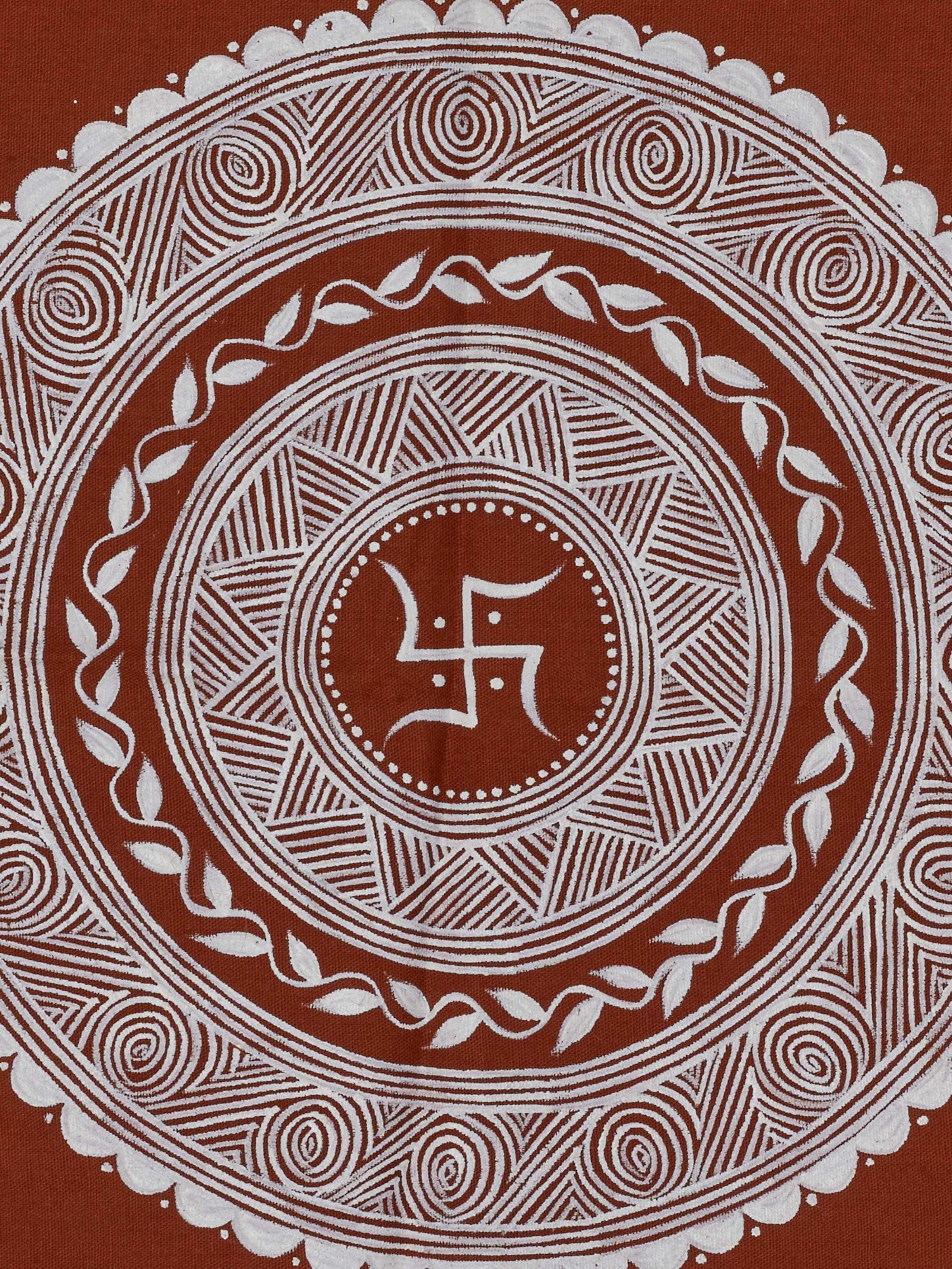 Angled view of Aipan Swastik Painting, highlighting the detailed hand-painted elements and traditional design.