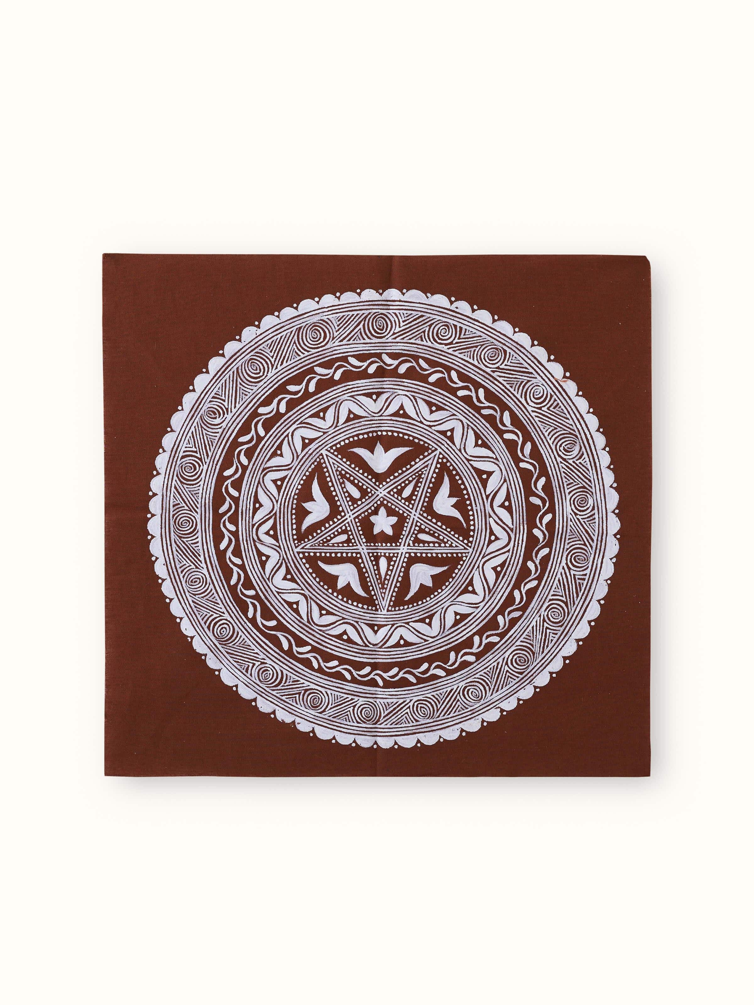 Front view of Aipan Saraswati chowki painting featuring vibrant colors and traditional Aipan artwork