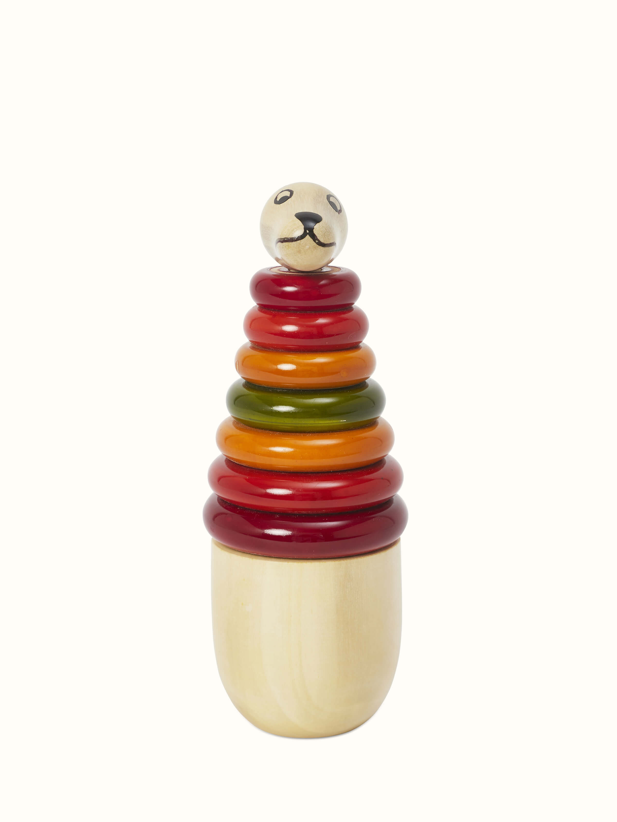 Front view of Channapatna ivory wood kangaroo stacking toy in off-white with playful design