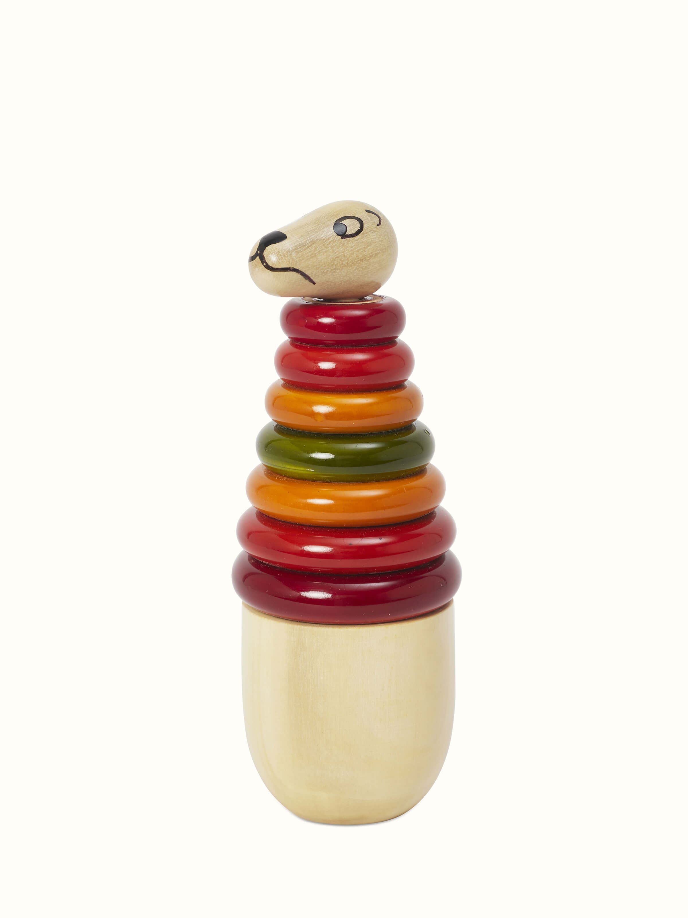 Side angle of Channapatna ivory wood kangaroo stacking toy showing detailed wooden craftsmanship