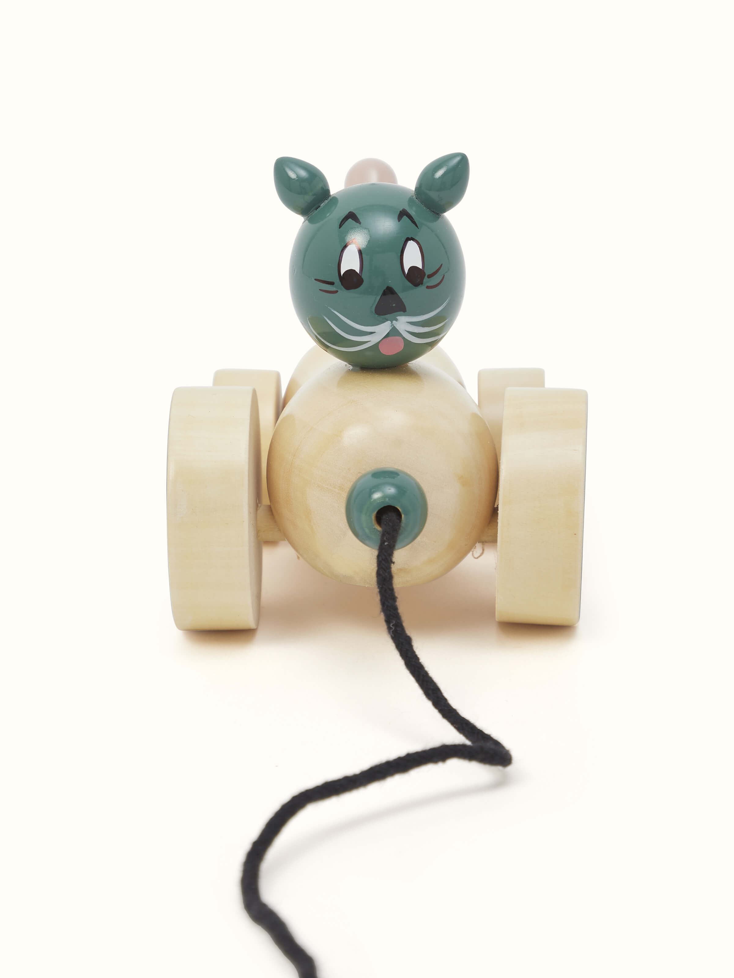 Front view of Channapatna Ivory Wood Cat Pulling Toy in Off-White, showcasing its charming design and craftsmanship