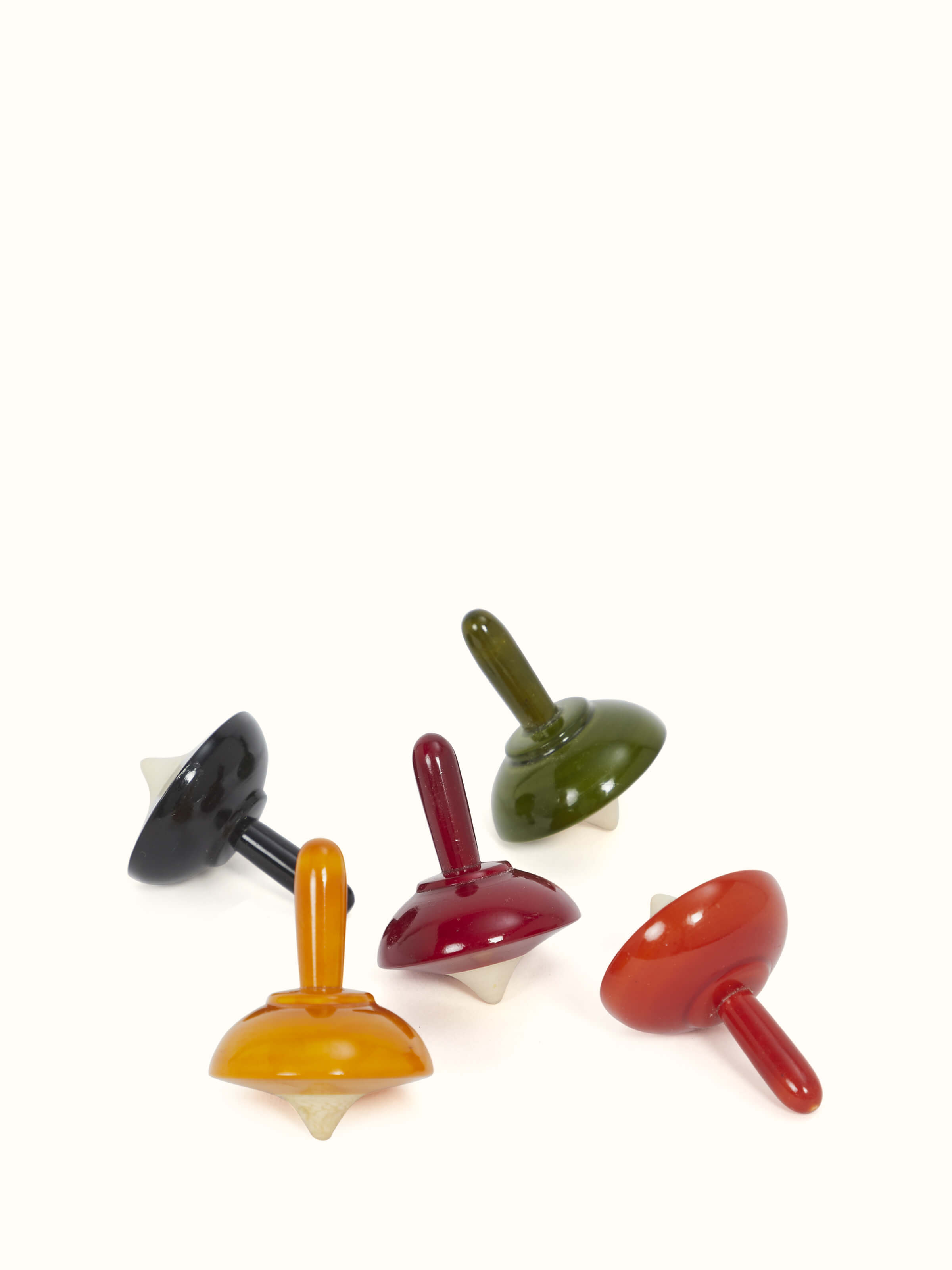 Set of 5 Channapatna ivory wood umbrella spinning toys, showcasing traditional craftsmanship and vibrant colors.