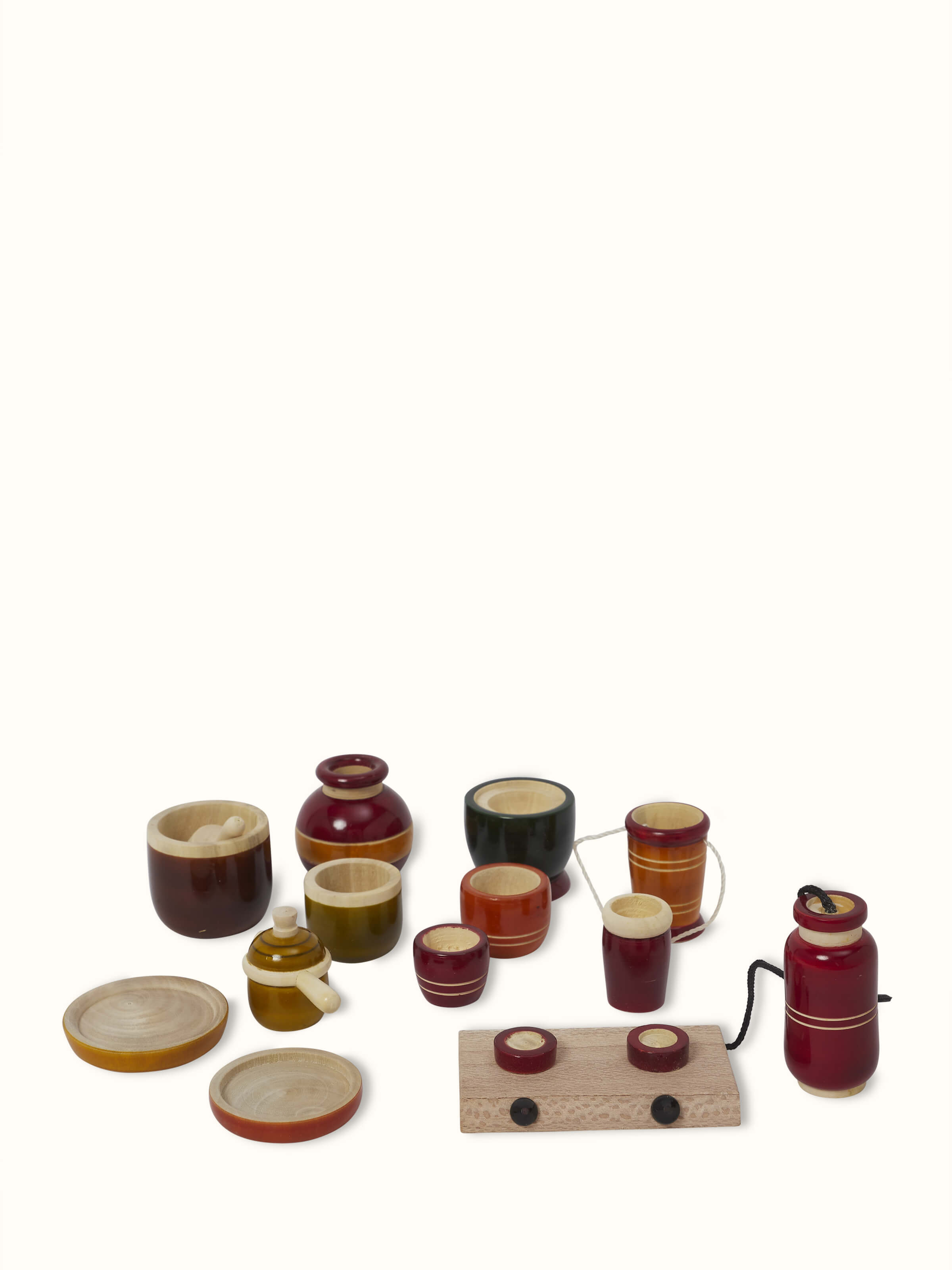 Front view of Channapatna wooden children's kitchen set