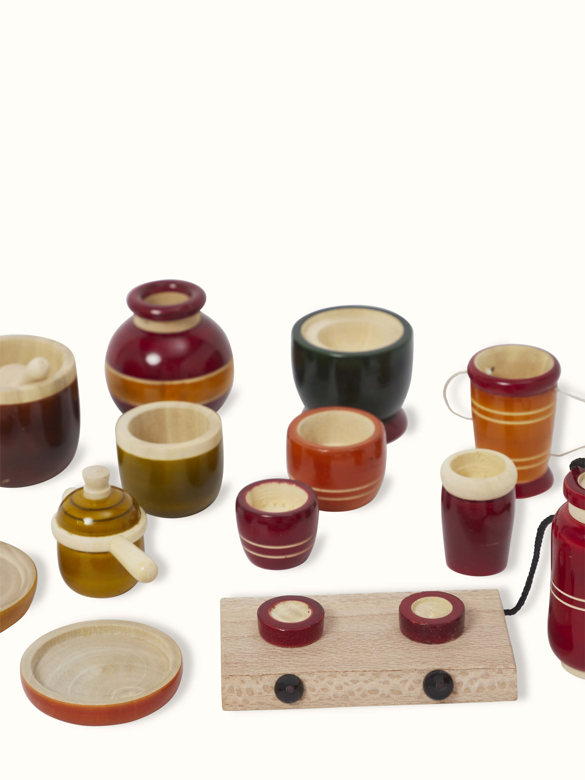Close-up of Channapatna wooden children's kitchen set