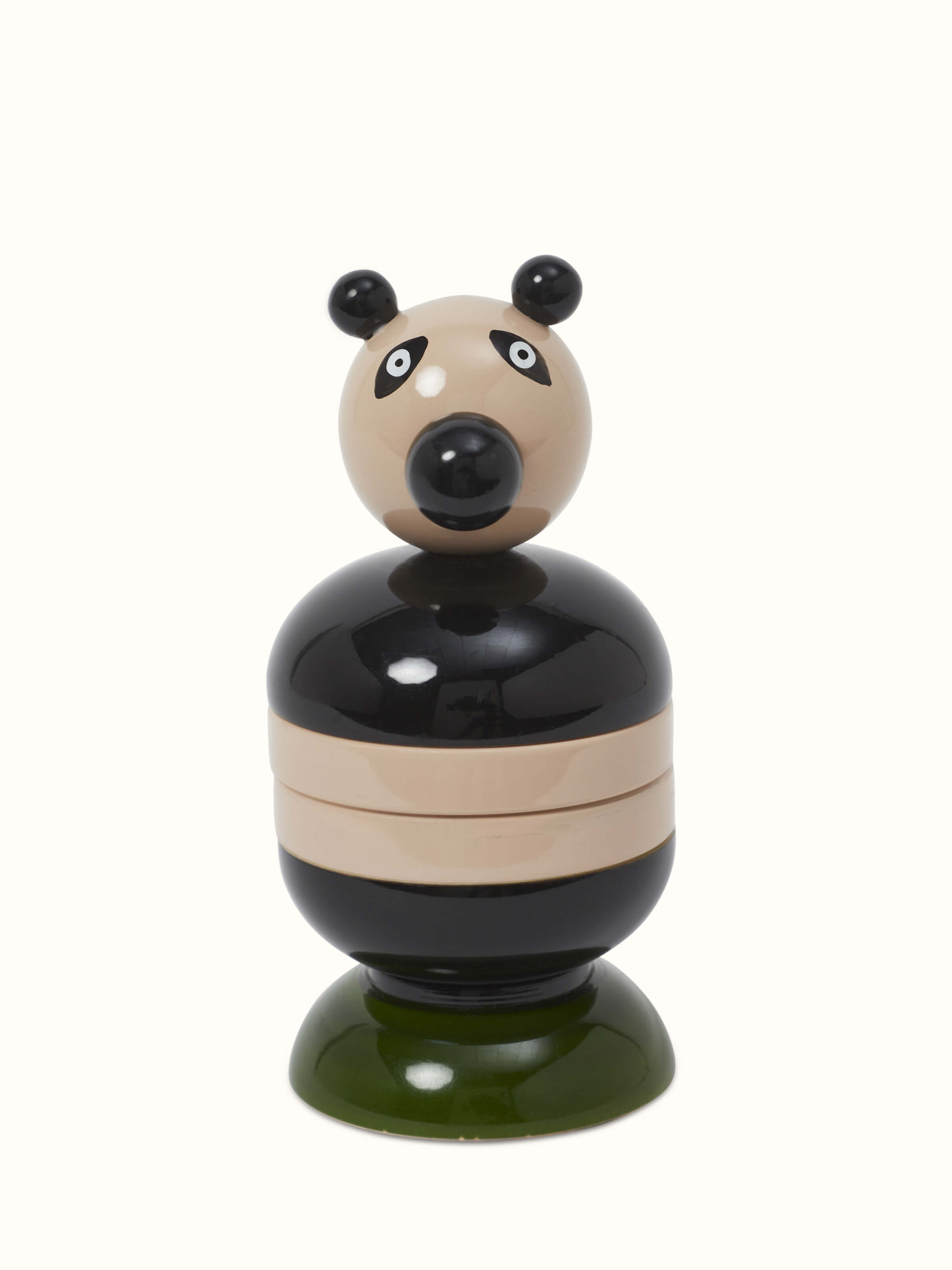 Front view of Channapatna ivory wood panda counting stacking toy in off-white showcasing playful design.