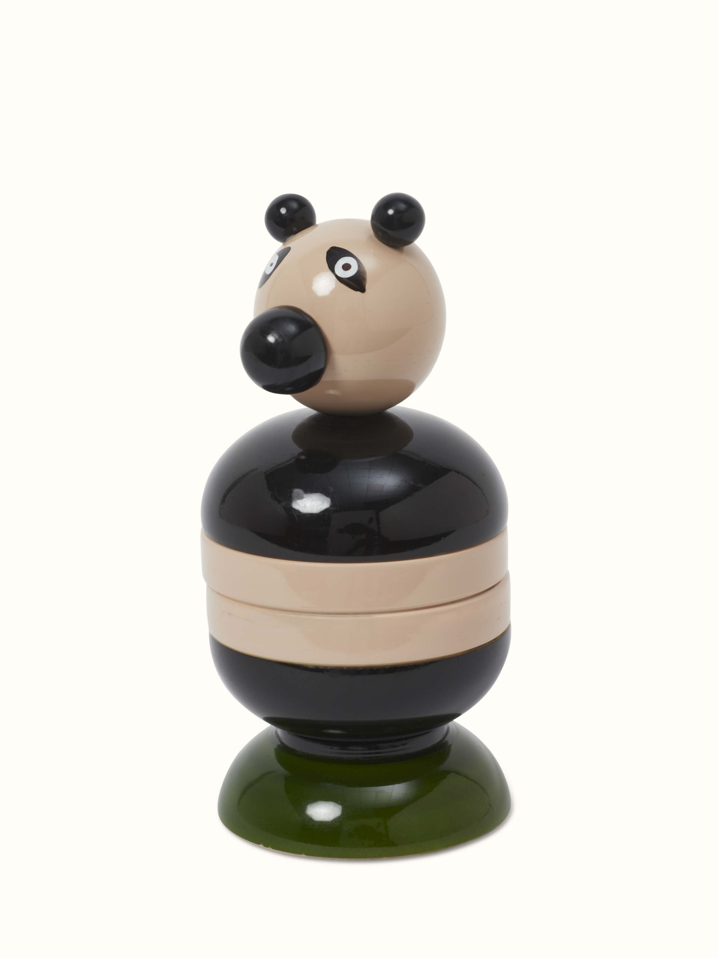 Side view of Channapatna ivory wood panda counting stacking toy in off-white highlighting stacked arrangement.