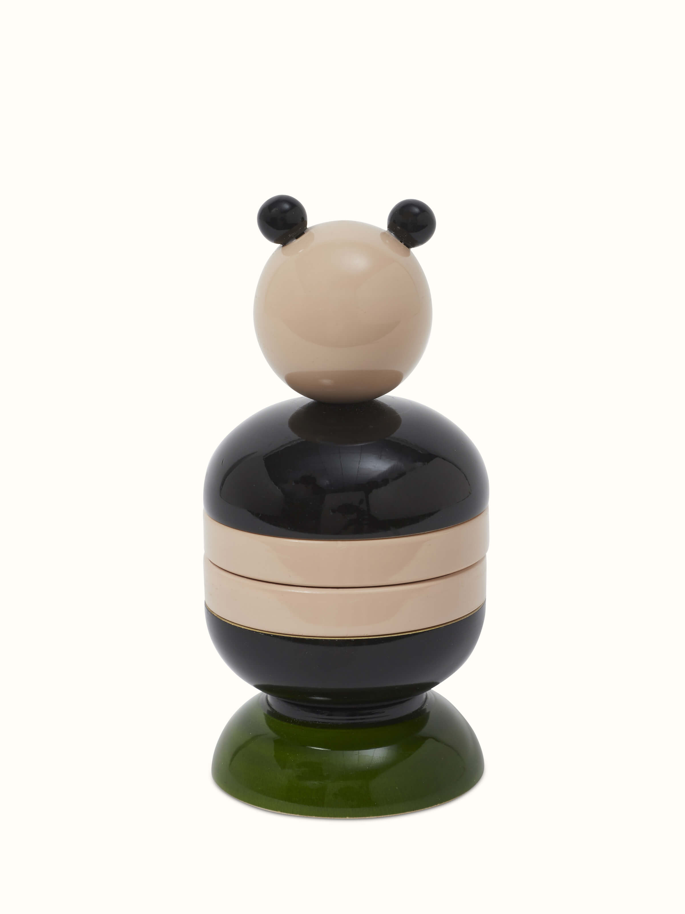 Close-up of Channapatna ivory wood panda counting stacking toy in off-white showcasing smooth finish and details.