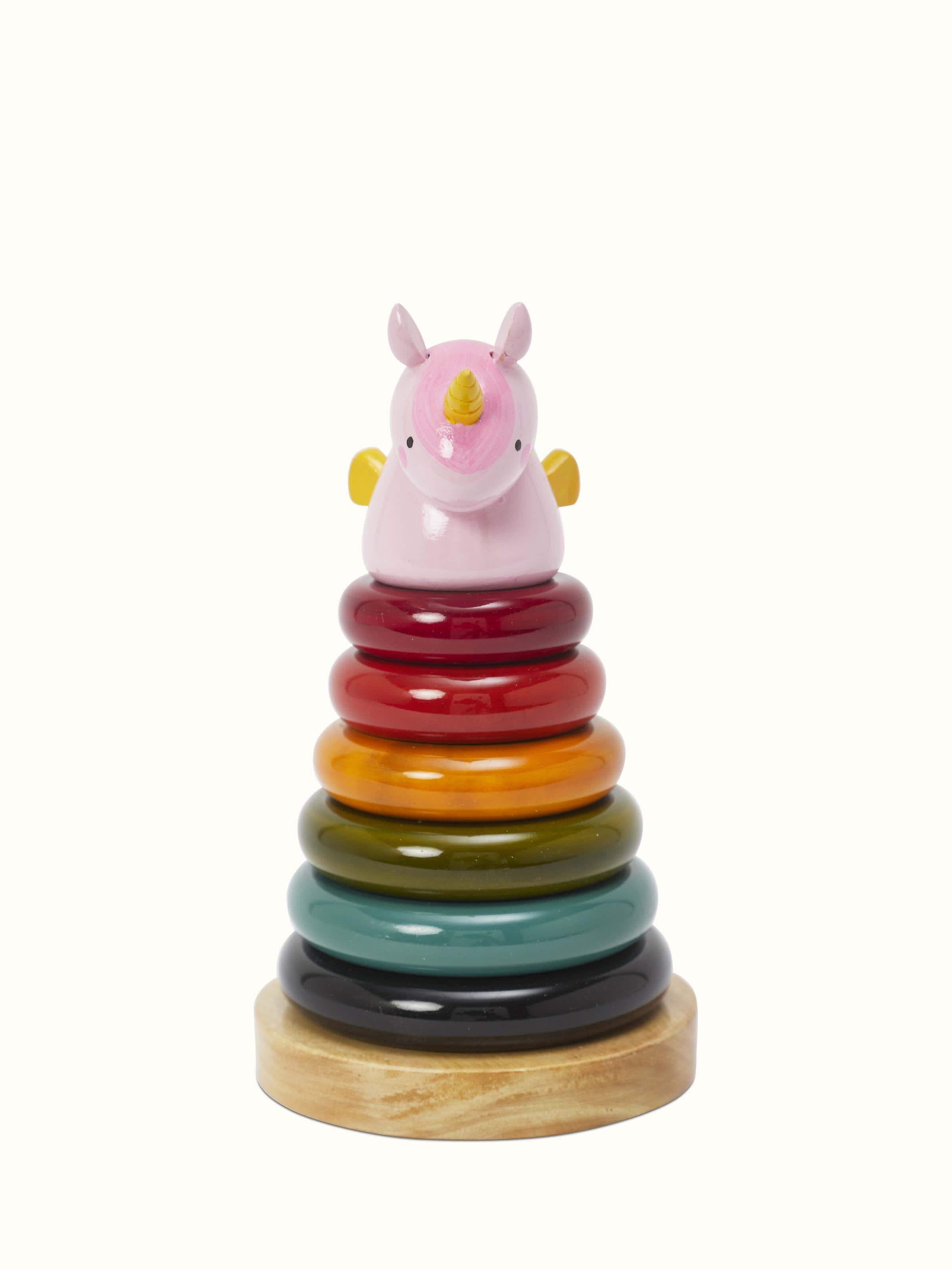 Front view of Channapatna ivory wood unicorn showcasing traditional turnery craftsmanship