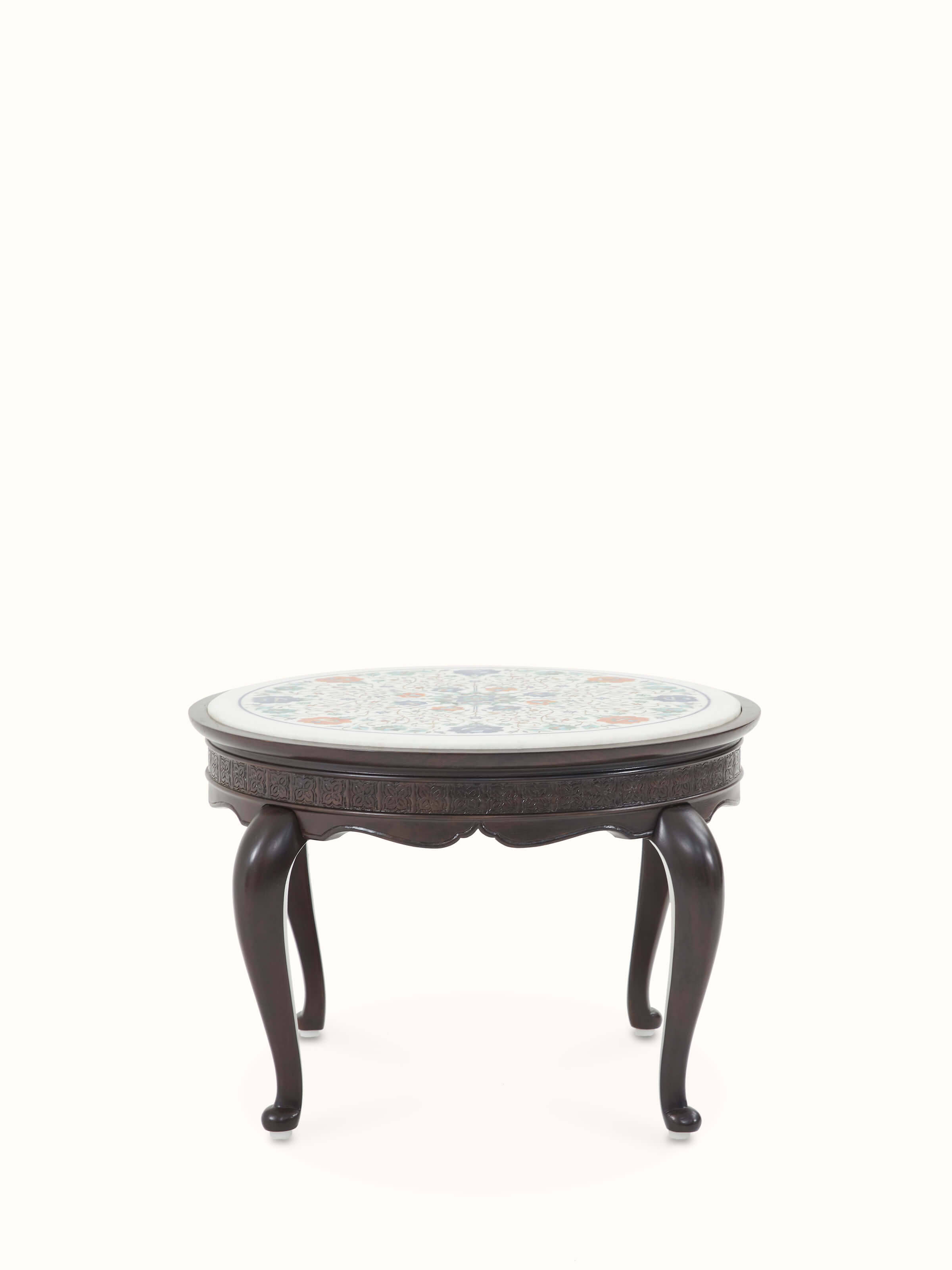 Top view of the round marble inlaid Sheesham wood coffee table, showcasing the elegant marble inlay design and wooden base