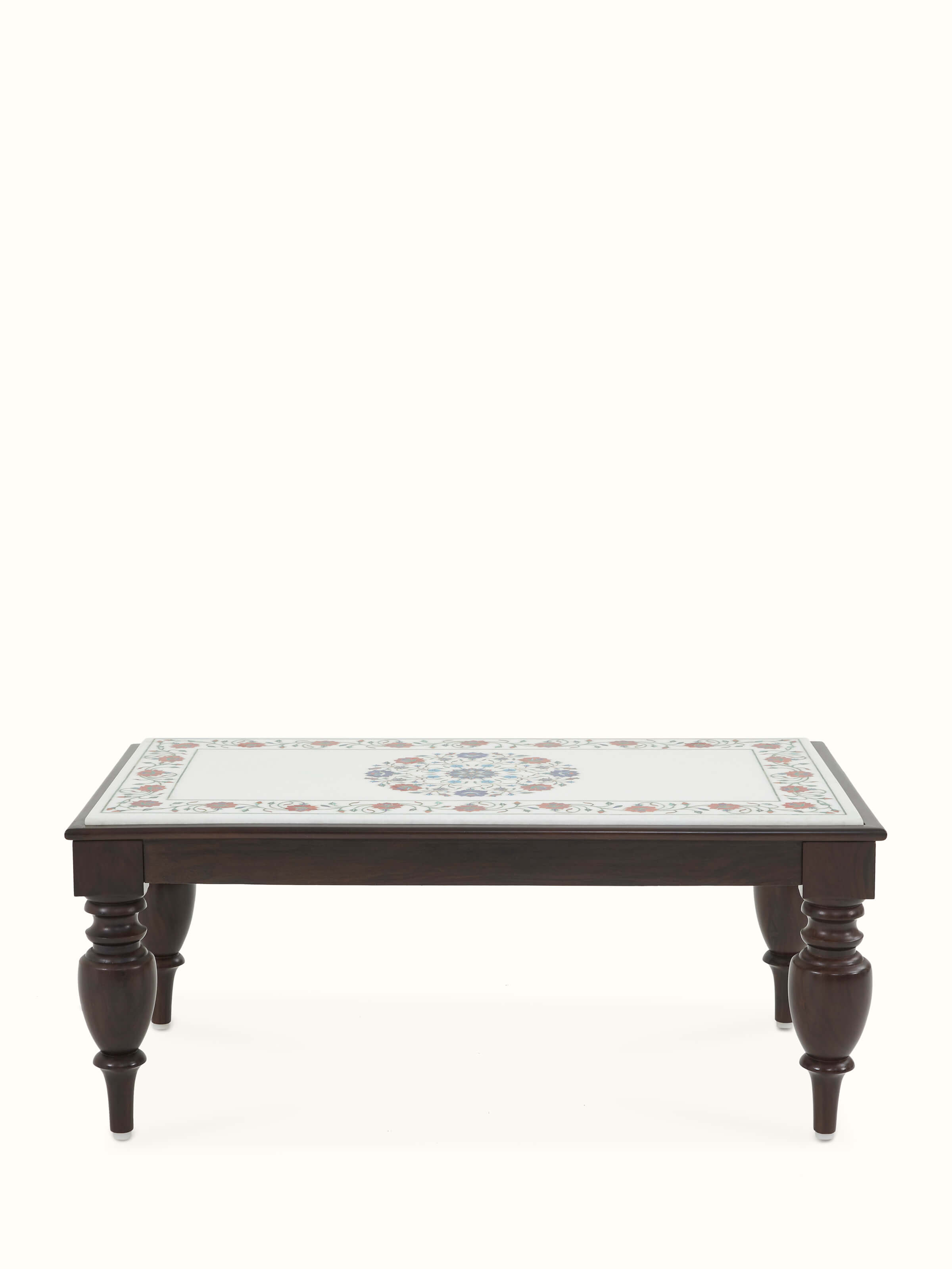 Front view of the rectangular marble inlaid Sheesham wood coffee table, showcasing its elegant marble top and detailed woodwork.