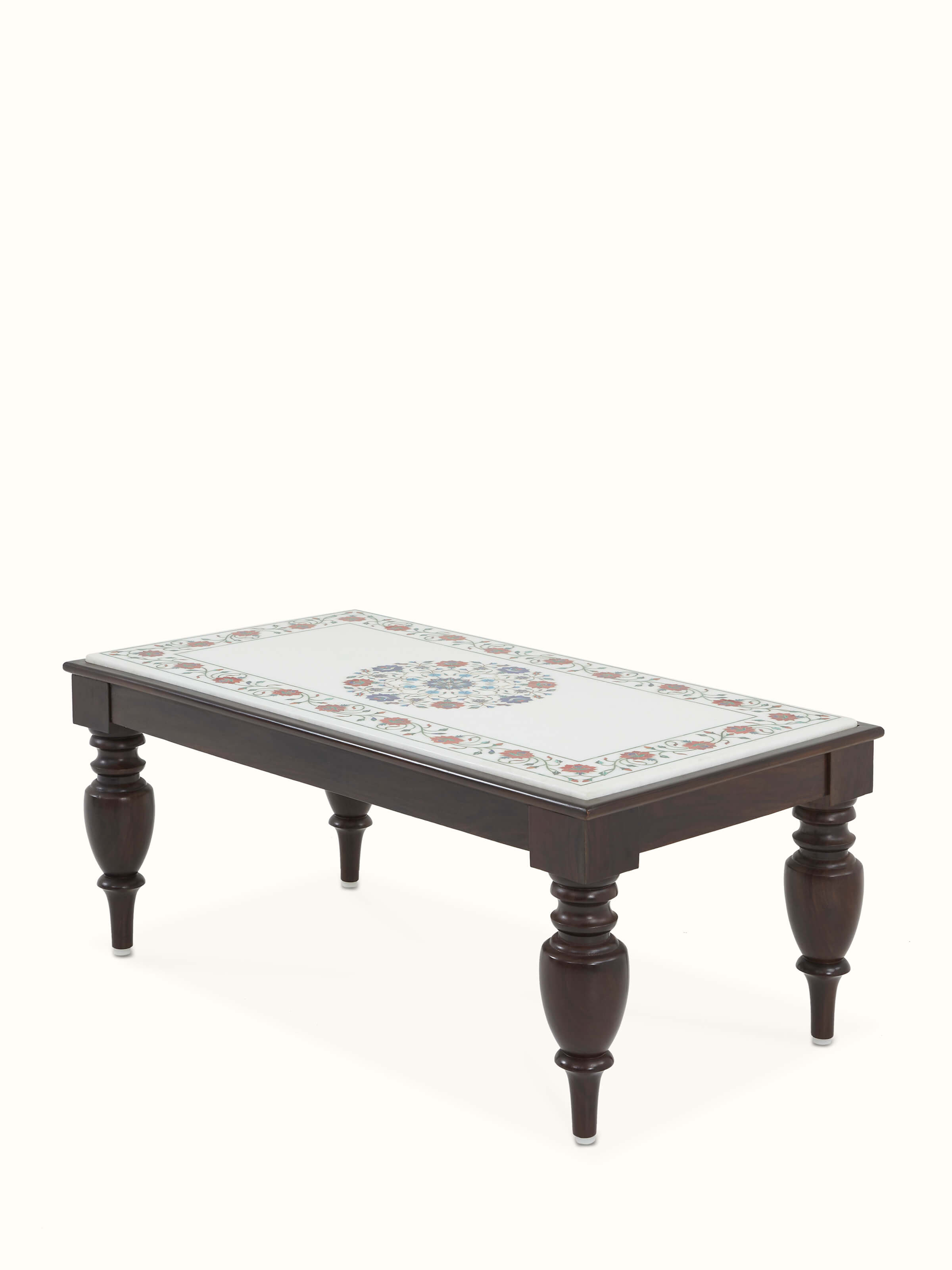Angled view of the rectangular marble inlaid Sheesham wood coffee table, emphasizing the marble inlay and rich wood finish.