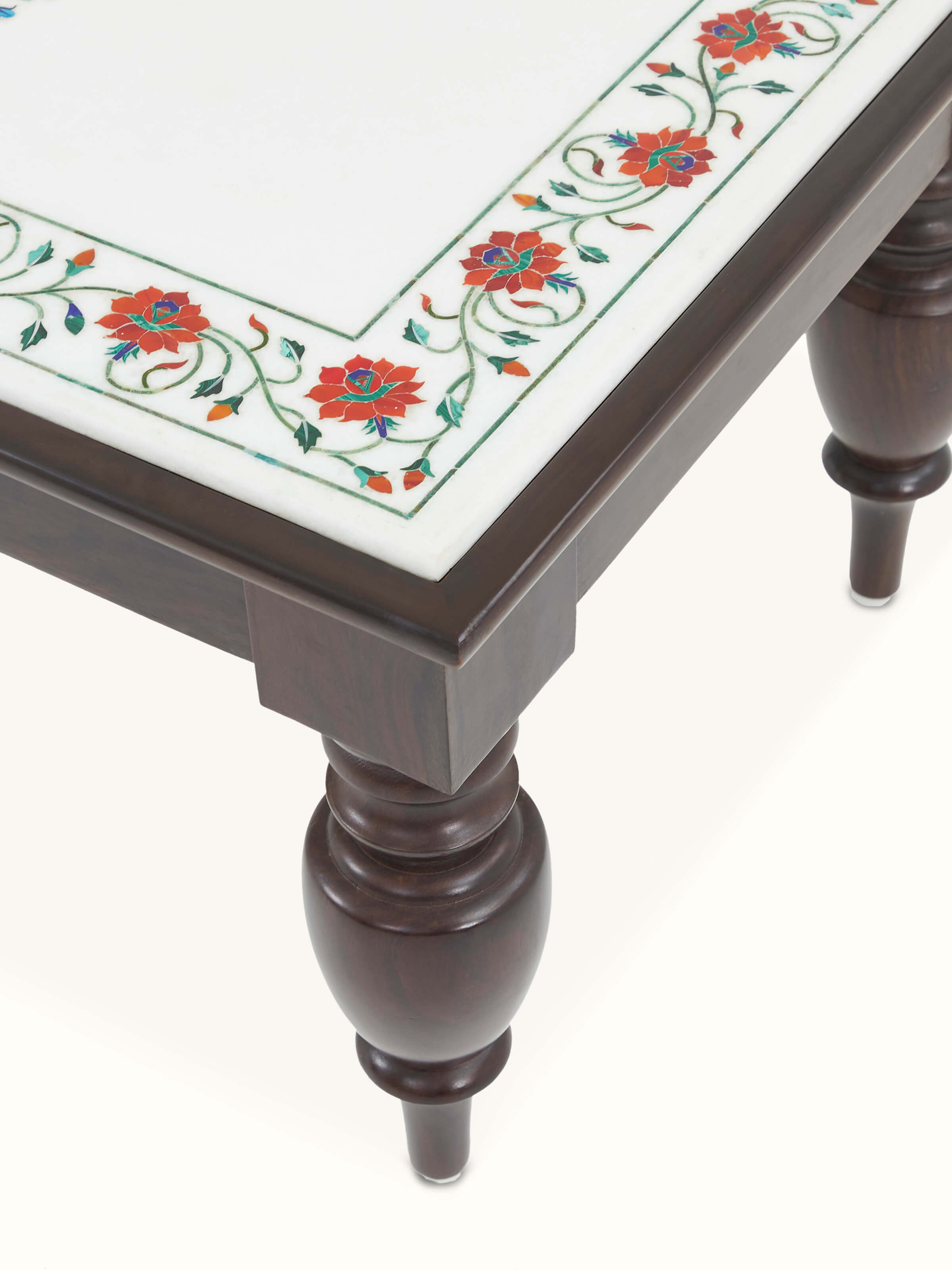 Top view of the rectangular marble inlaid Sheesham wood coffee table, displaying the full surface and design of the marble inlay.