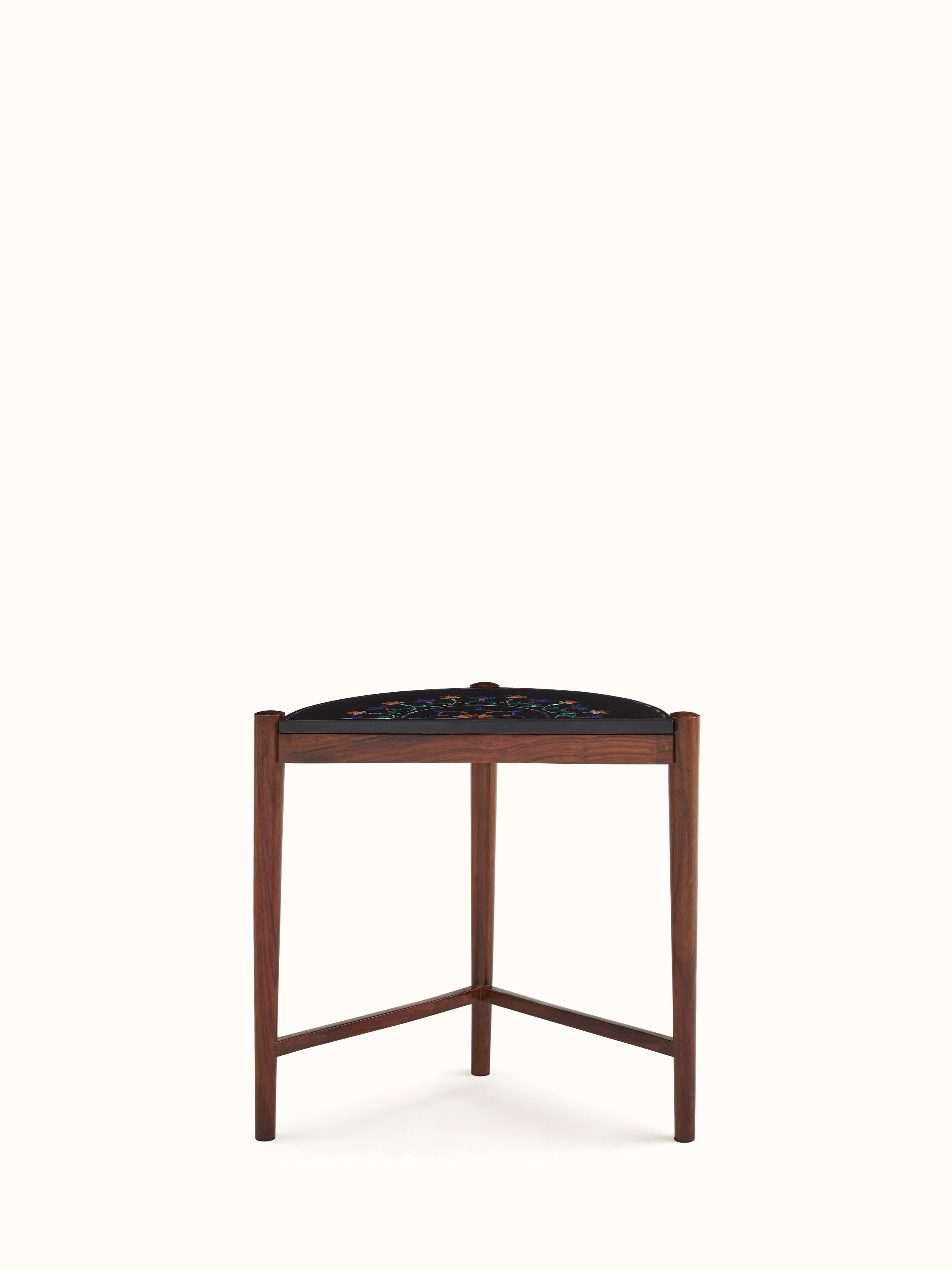 Top view of marble inlaid sheesham wood nesting table set, showcasing the marble inlay patterns and wood craftsmanship