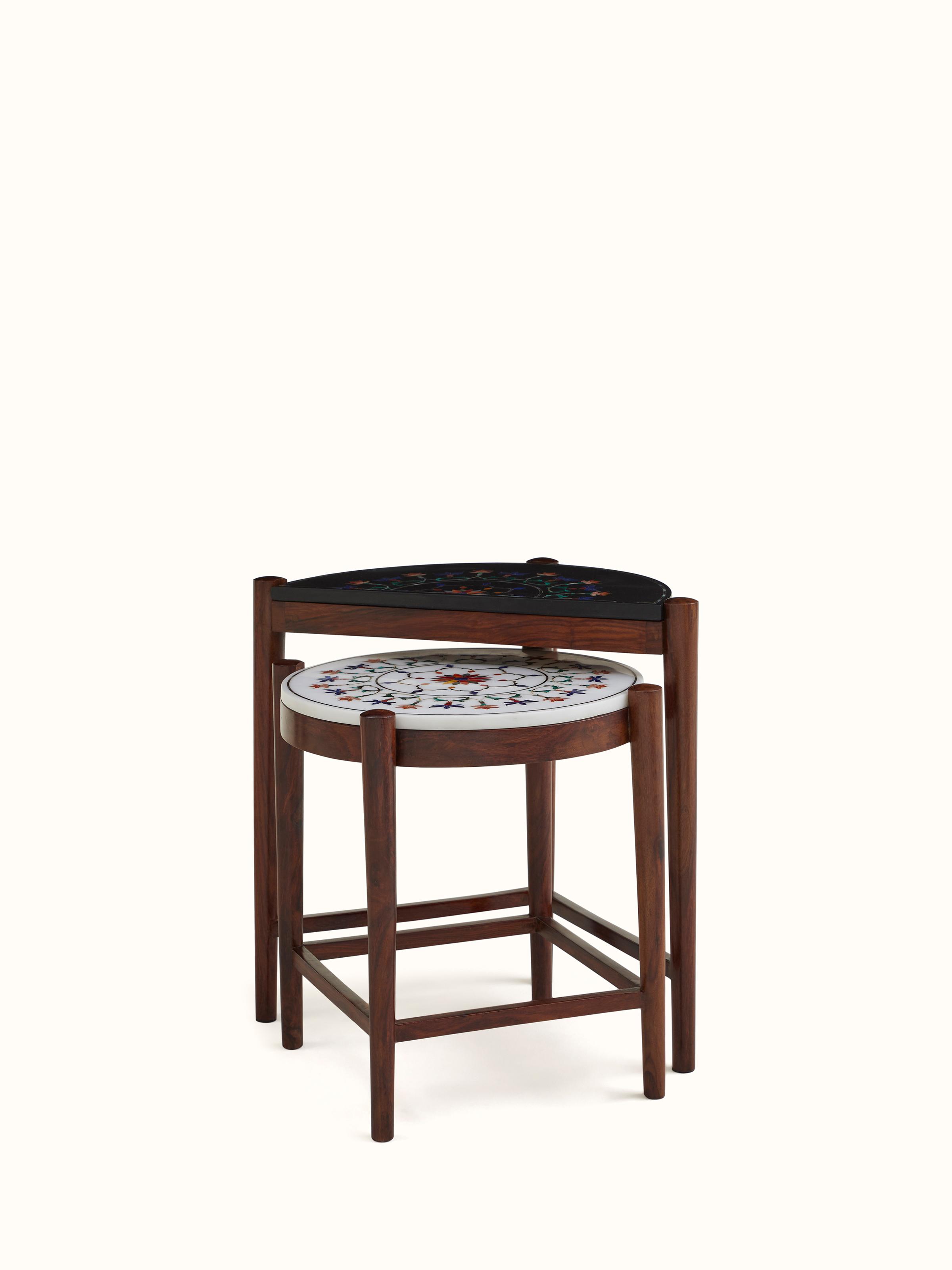 Front view of marble inlaid sheesham wood nesting table set, displaying intricate marble inlay and rich wood finish