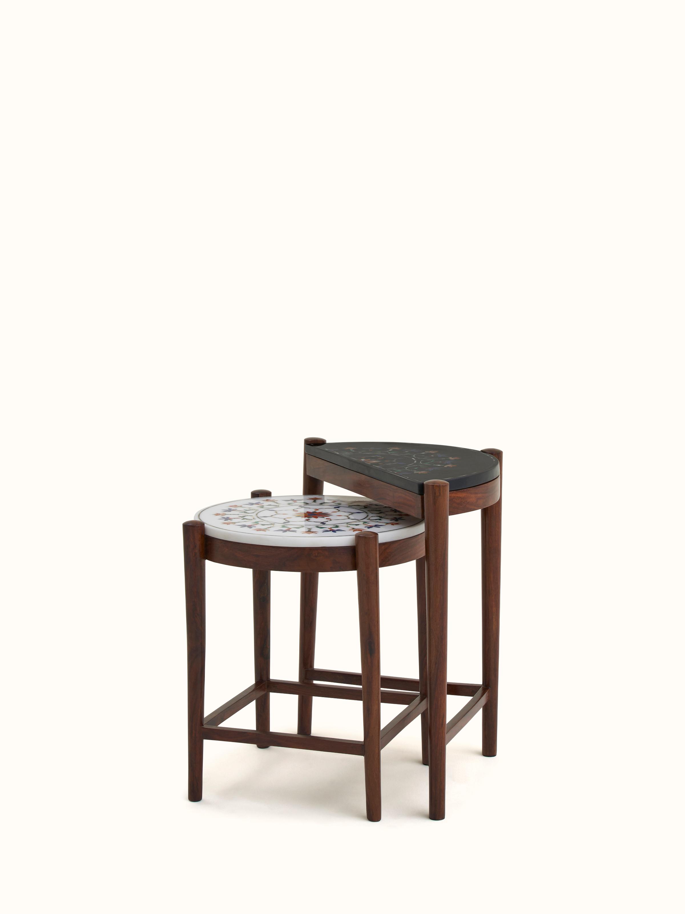 Another angle of marble inlaid sheesham wood nesting table set, highlighting the refined marble inlay work and elegant design