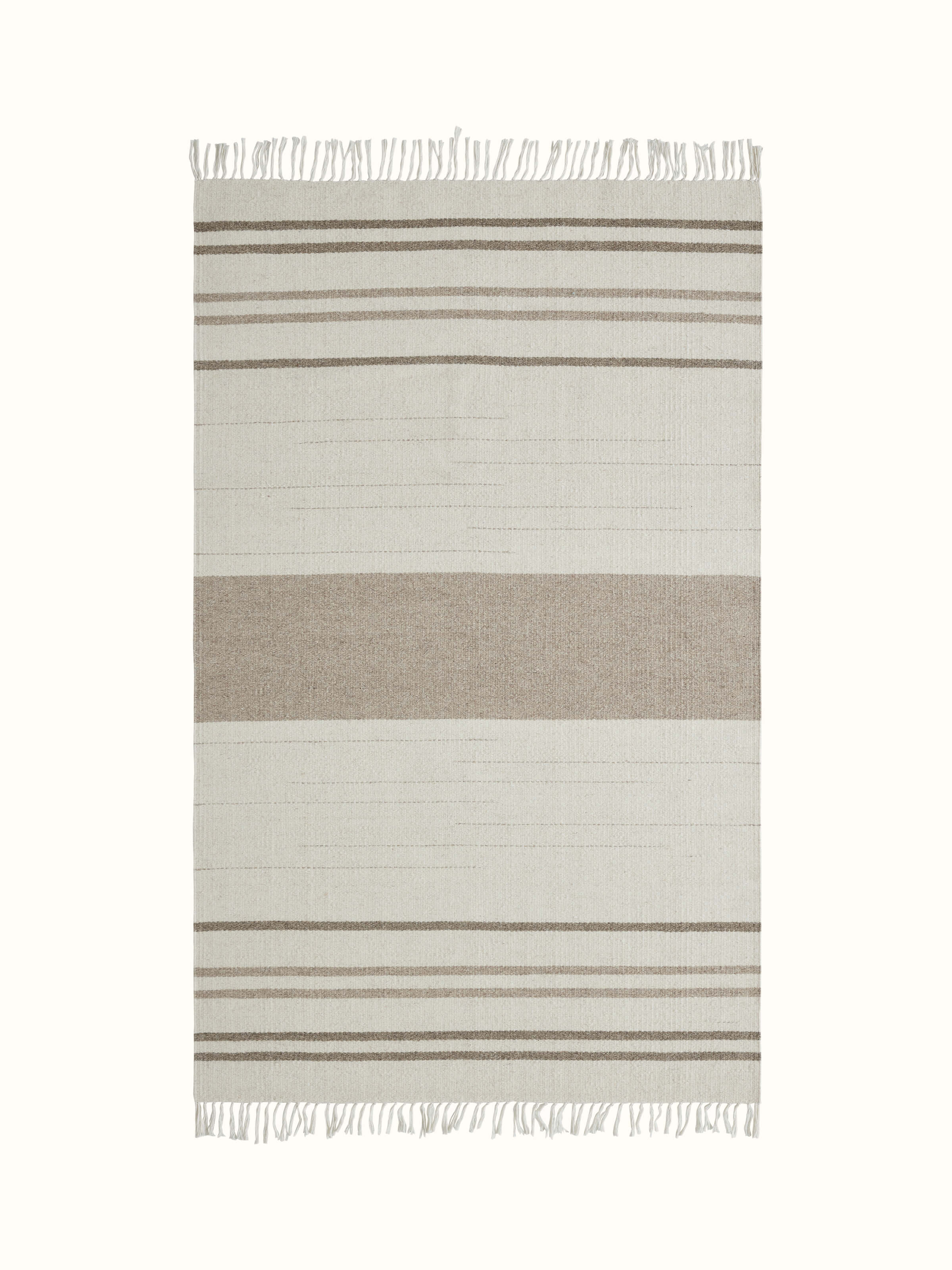 Full view of Nomad Stripes Ivory Beige Jawaja wool & cotton handloom dhurrie highlighting the striped design and color combination.