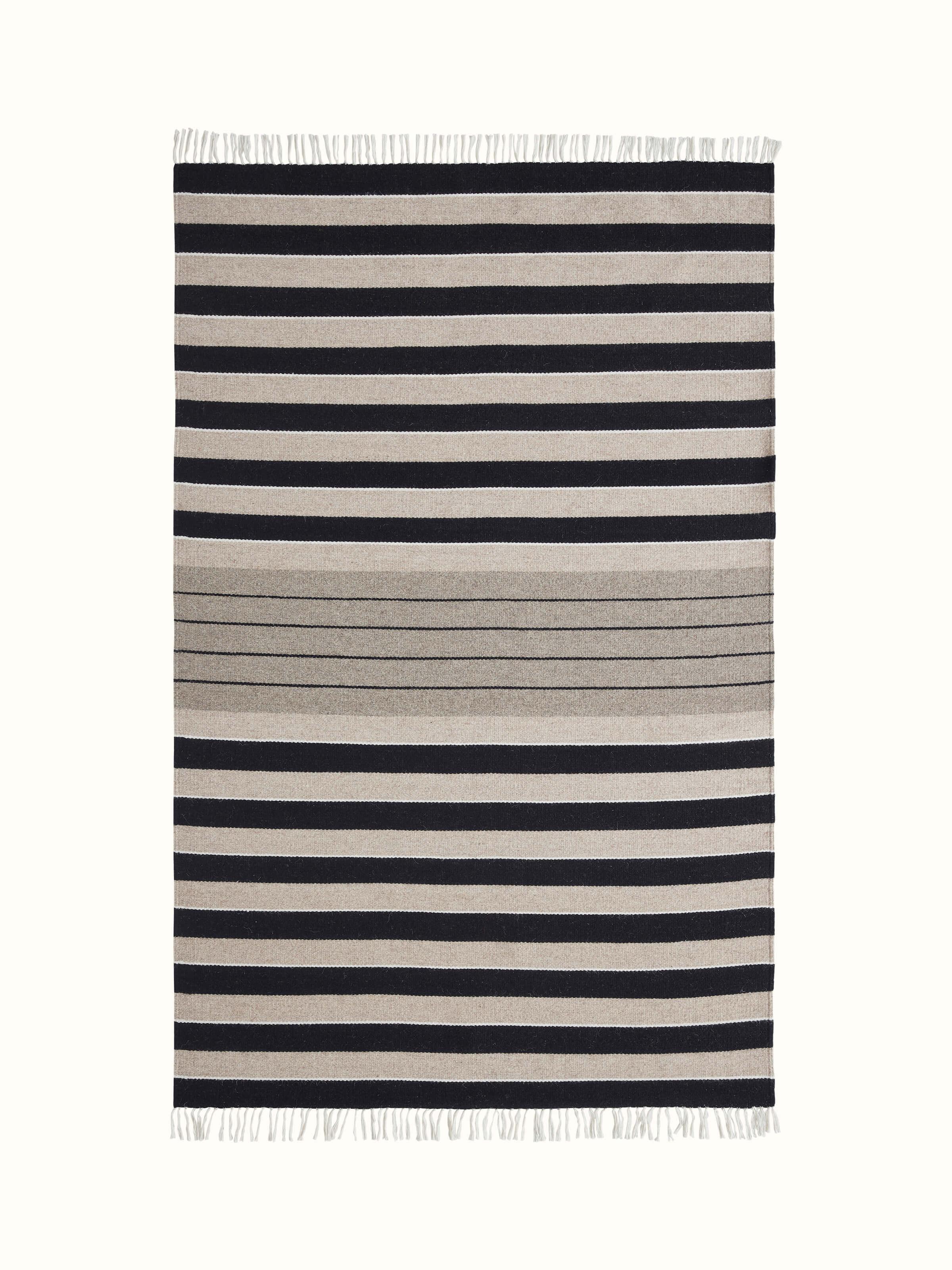 Front view of Nomad Stripes Black Beige Jawaja Wool & Cotton Handloom Dhurrie (4x6 ft) featuring stripe pattern