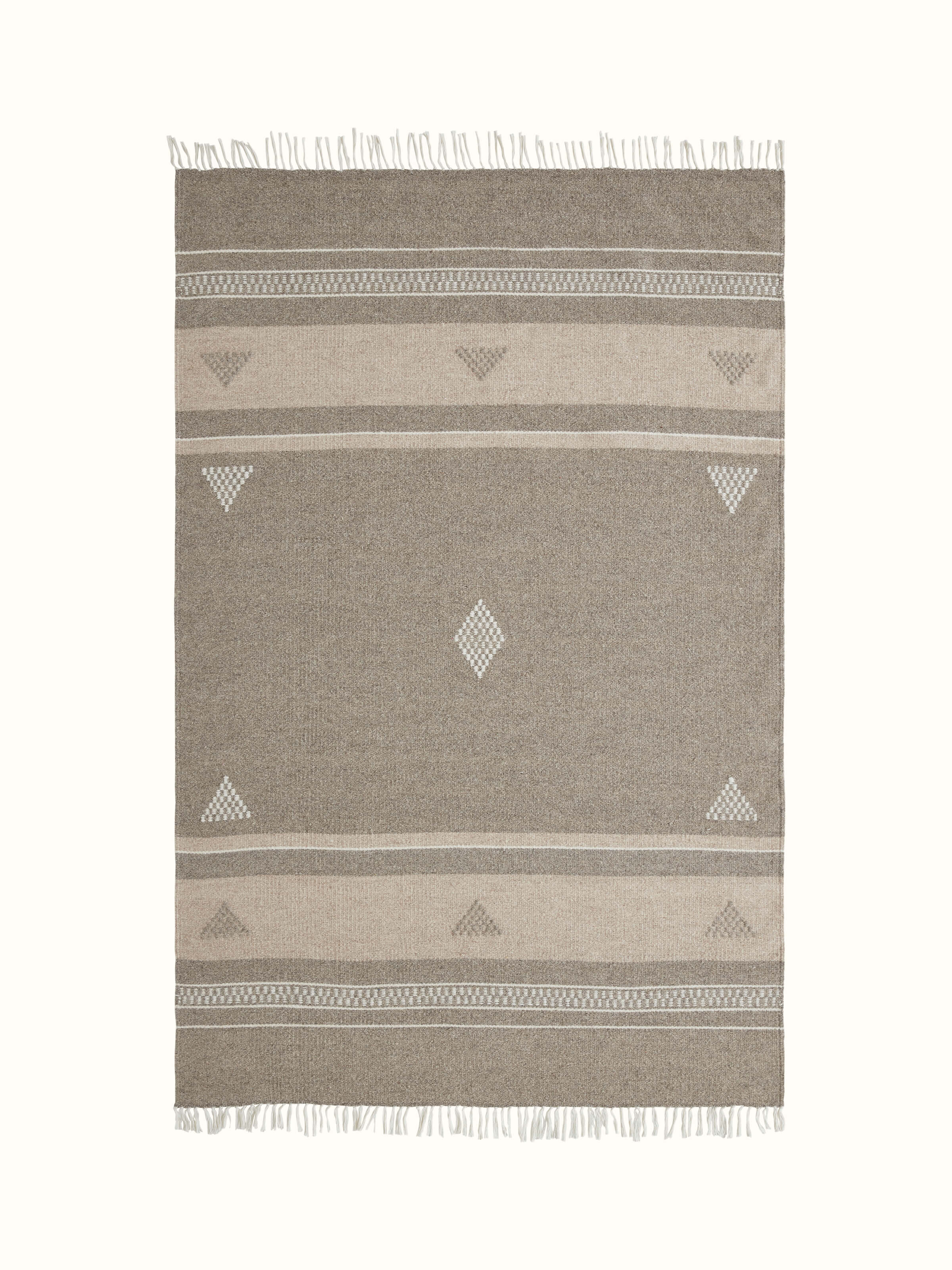 Detailed view of Nomad Stripes Buti Beige Jawaja Wool & Cotton Handloom Dhurrie (4x6 ft) showing the striped pattern.