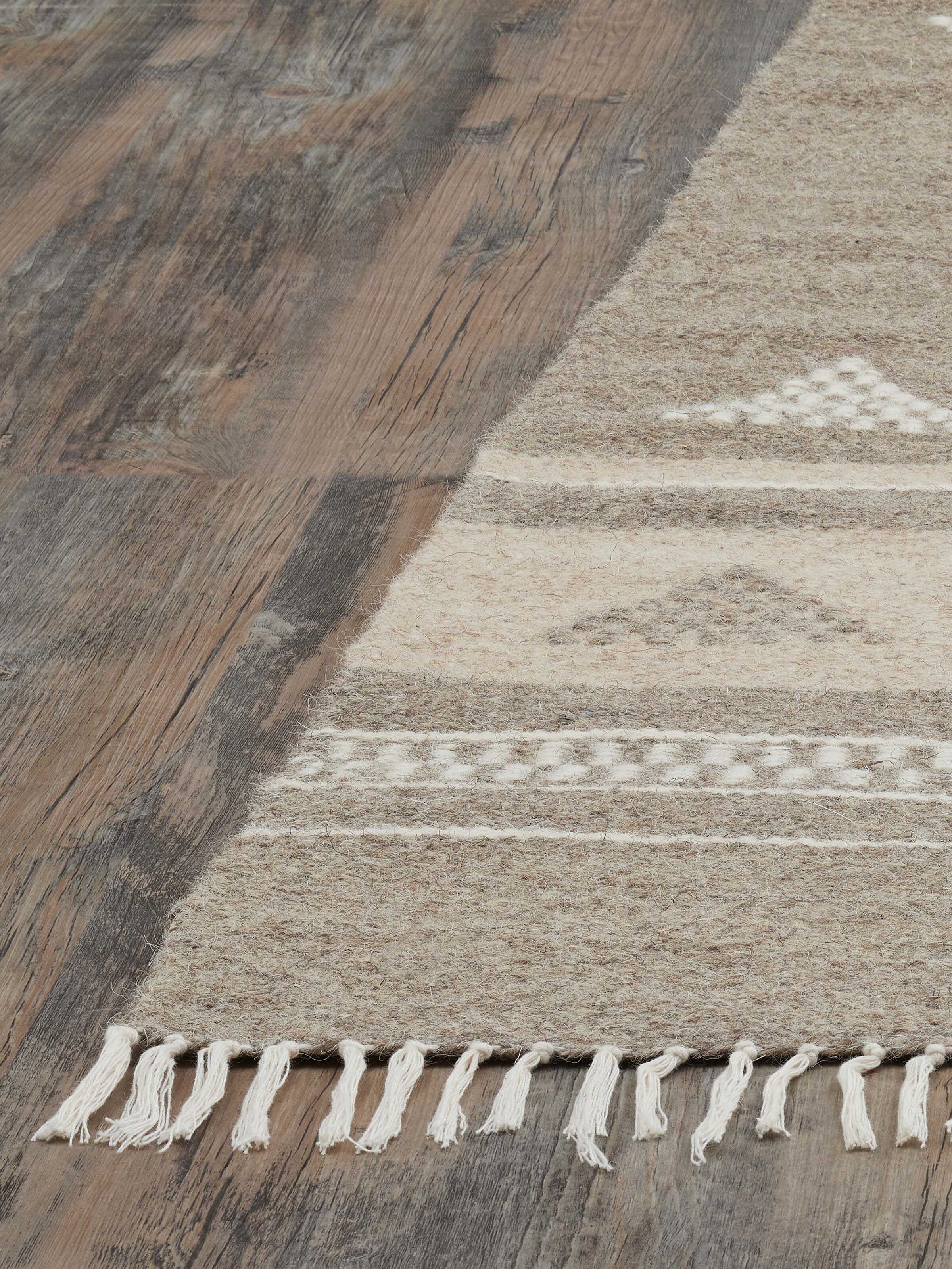 Close-up view of Nomad Stripes Buti Beige Jawaja Wool & Cotton Handloom Dhurrie (4x6 ft) showing the detailed stripes.