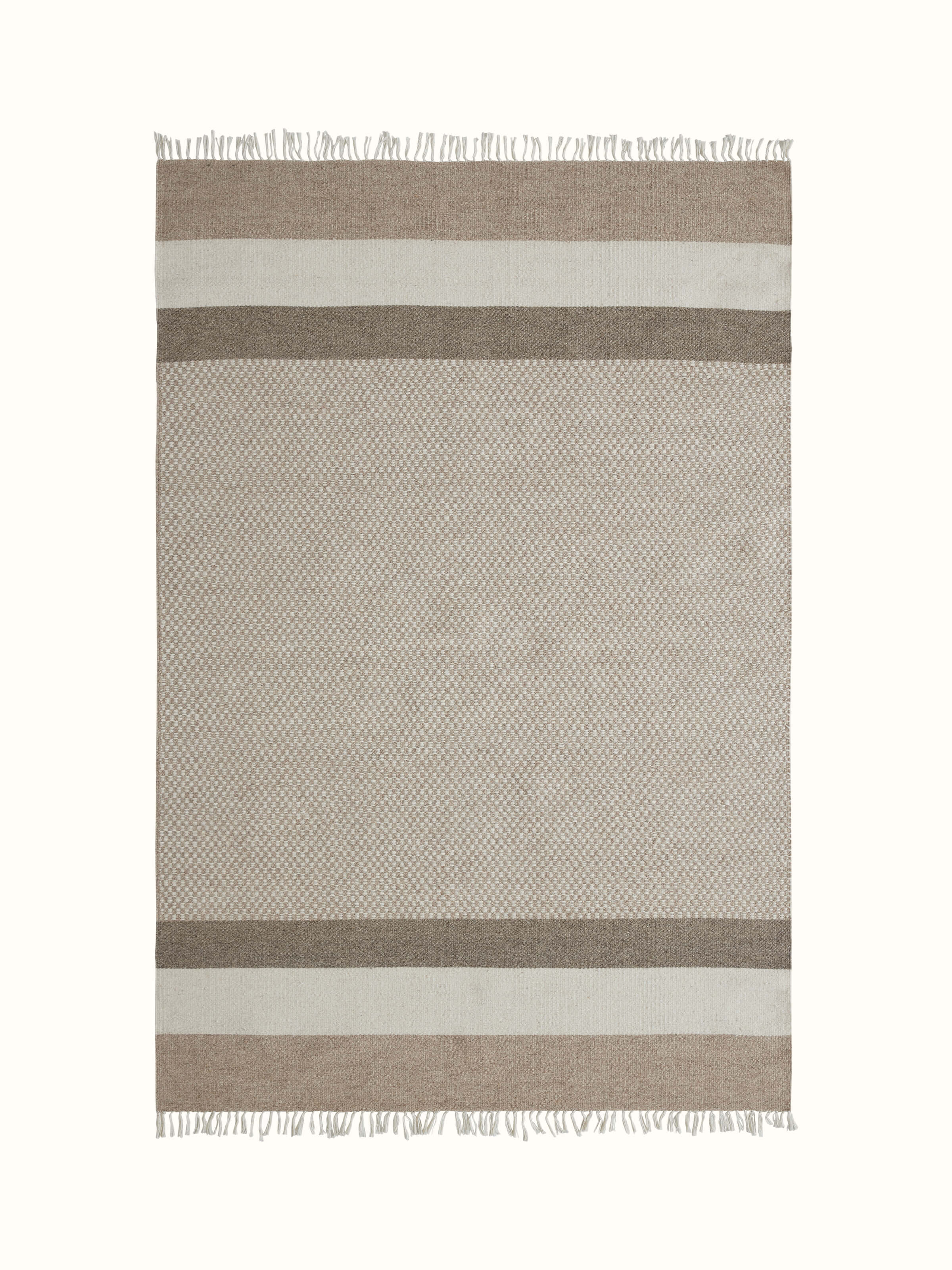 Full view of Geo checkered beige Jawaja wool & cotton handloom dhurrie (4x6 ft) showing the checkered pattern and handloom texture.