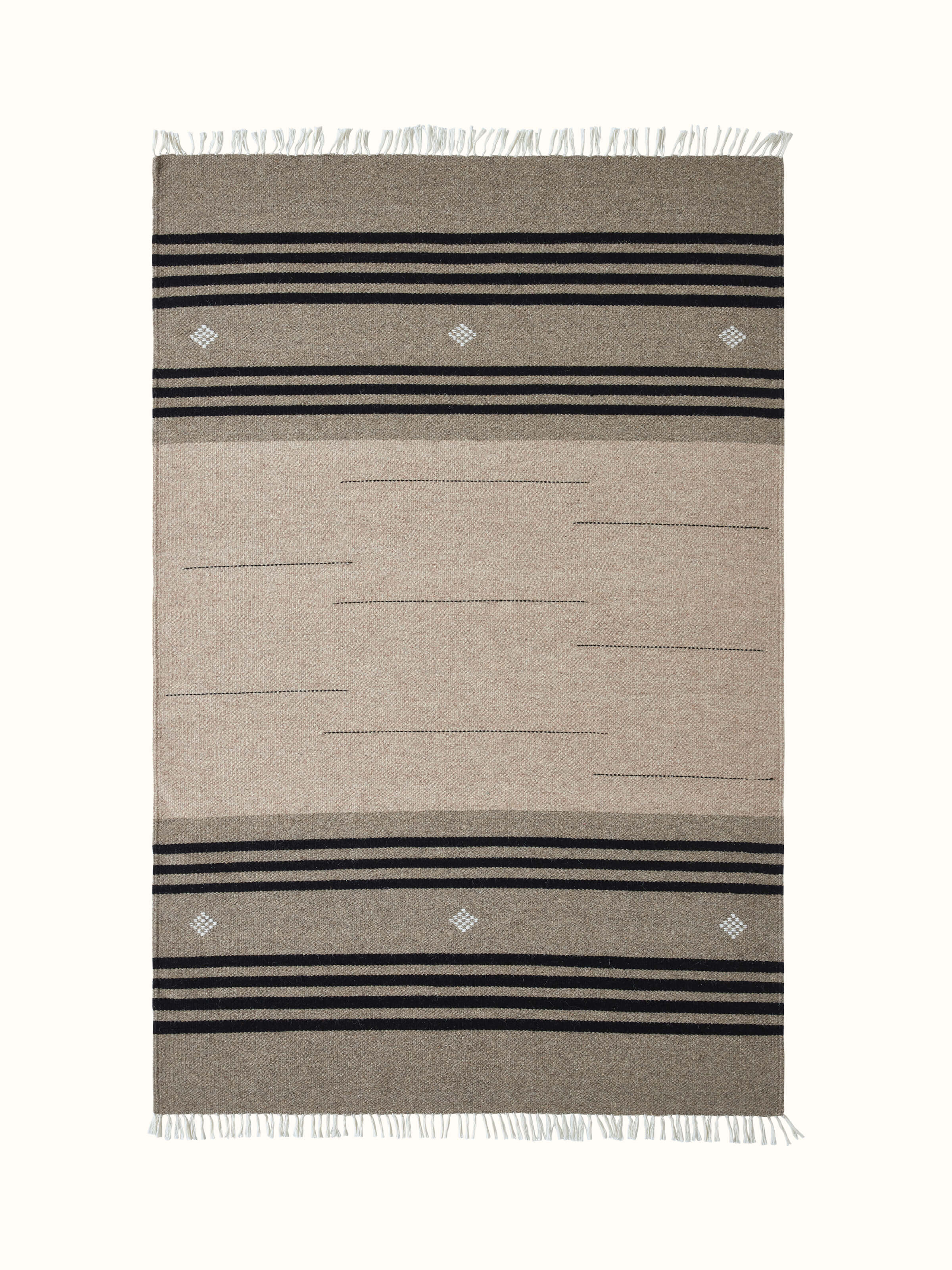 Nomad stripes beige black Jawaja wool & cotton handloom dhurrie (4x6 ft) showcasing striped design in beige and black tones.