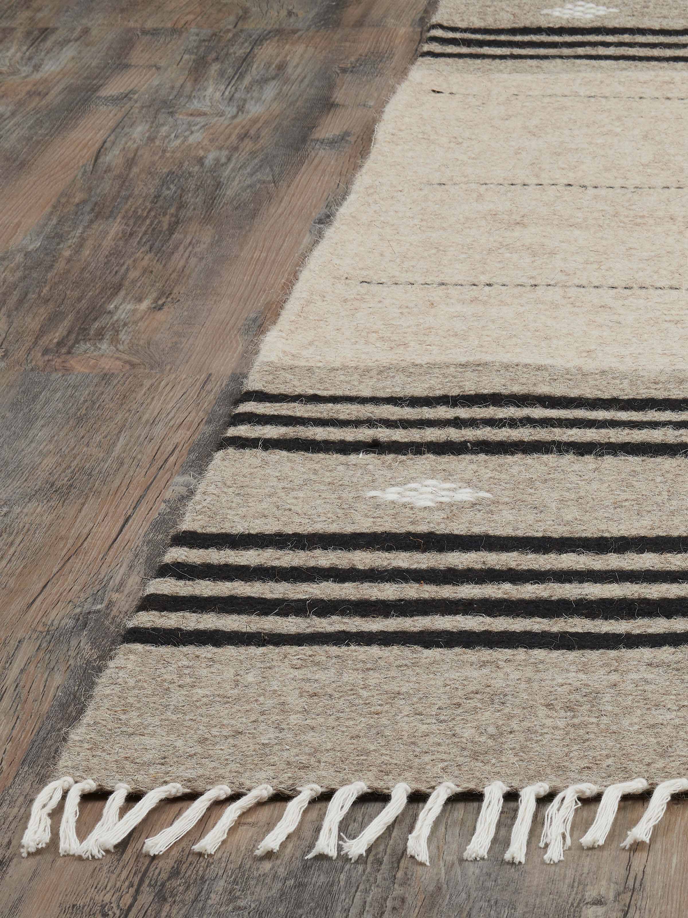 Full view of Nomad stripes beige black Jawaja wool & cotton handloom dhurrie (4x6 ft) displaying the overall design and appearance.