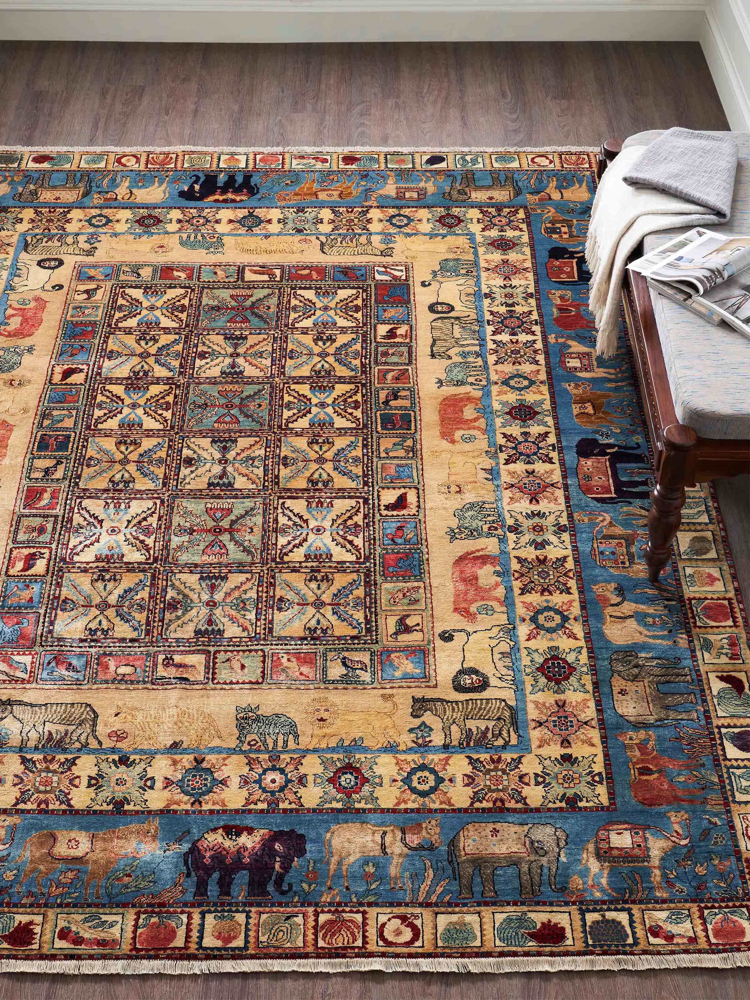 Traditional Pazyryk-inspired Blue Jaipur Wool Hand-knotted Rug by Swadesh, styled in a contemporary home décor setup.