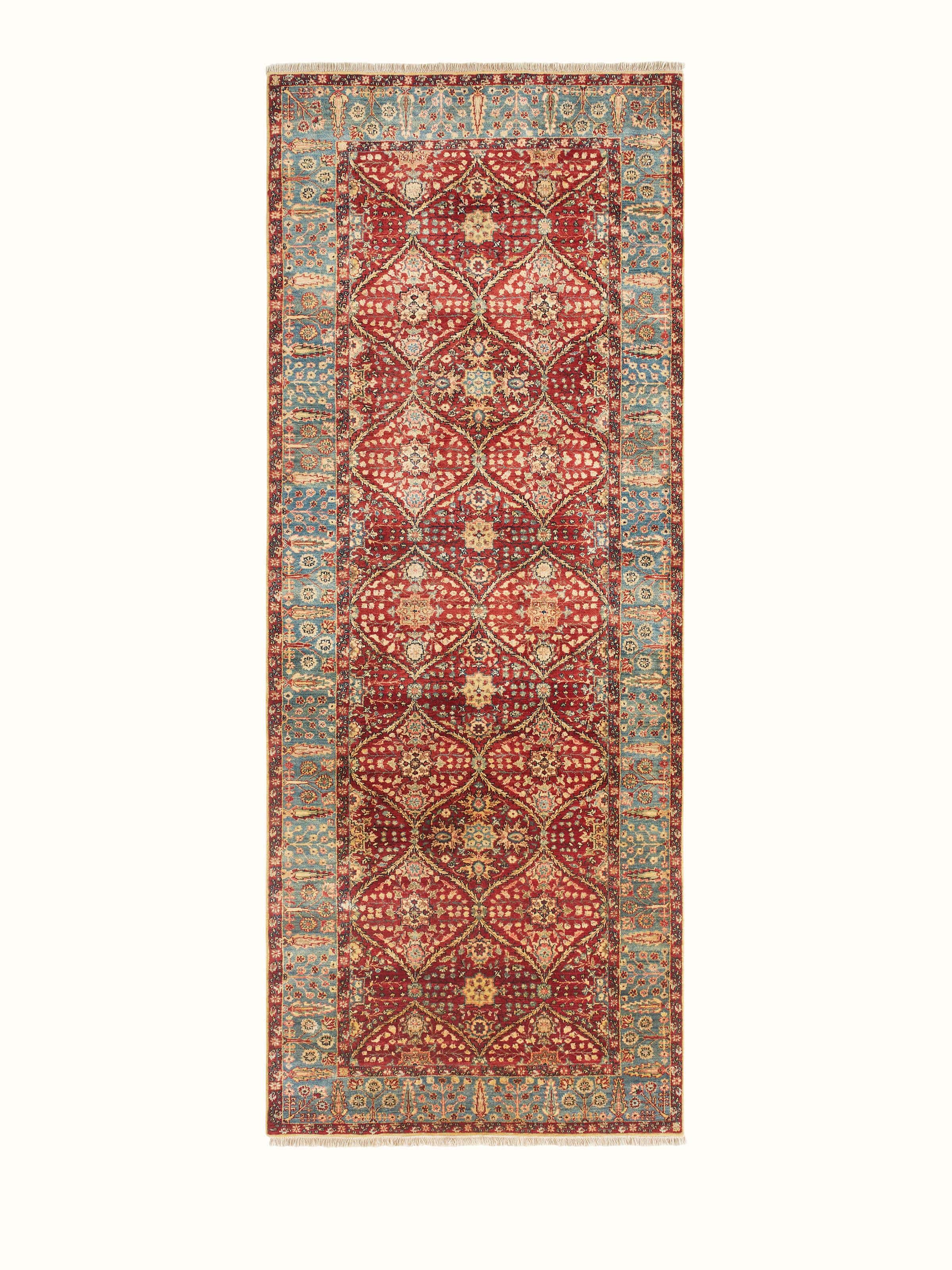 Front view of Ziegler-style red Jaipur wool runner with traditional hand-knotted detailing