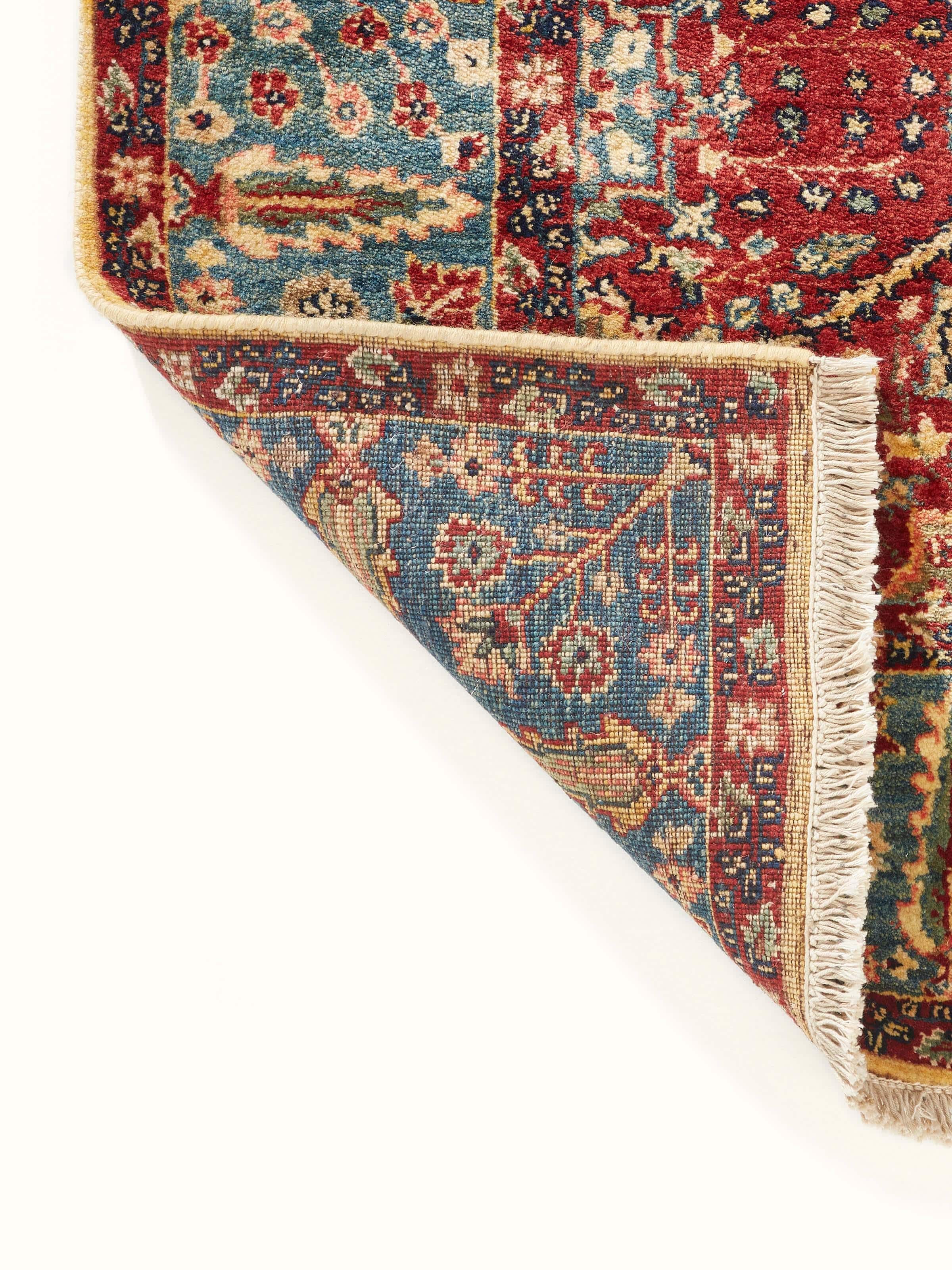 Back view revealing knot structure of red Jaipur wool Ziegler-style runner