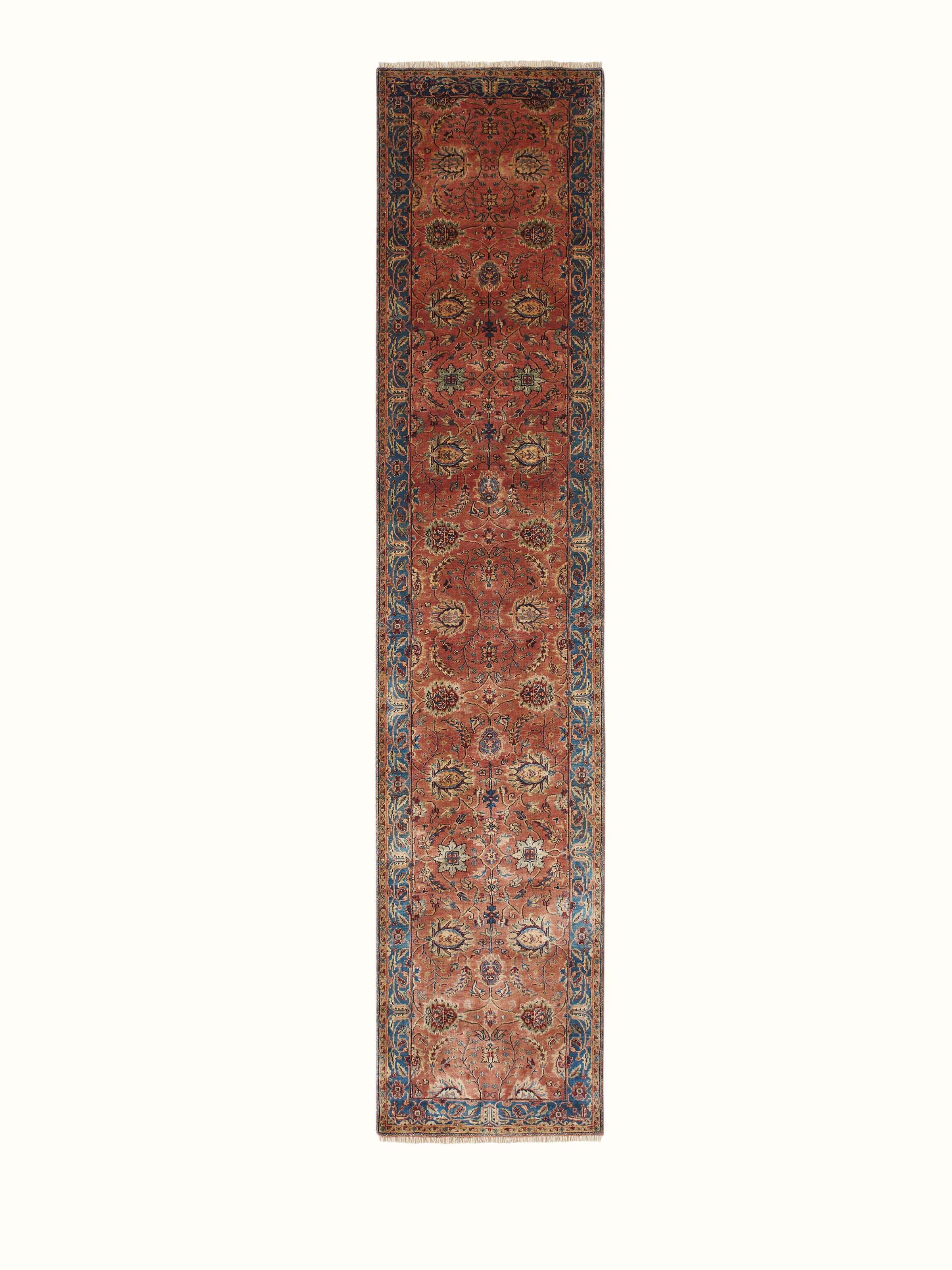 Front view of Ziegler Rust Jaipur Wool Runner, highlighting the ornate pattern and warm rust tones in hand-knotted craftsmanship.