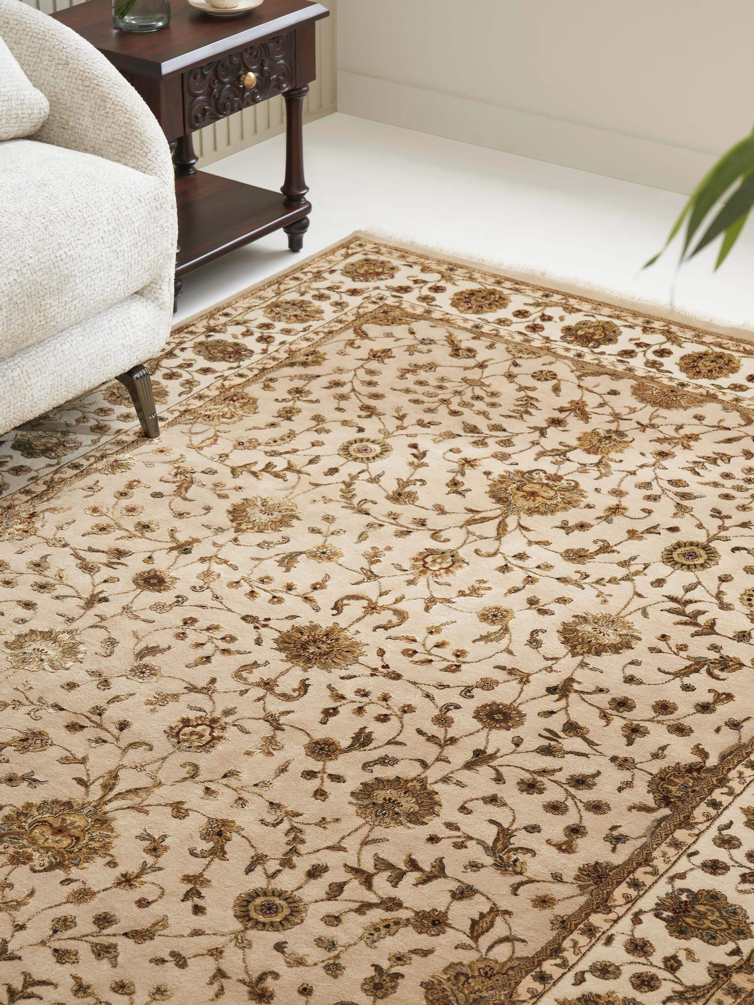 Landscape view of Traditional Ziegler Allover Beige Rug, blending wool and silk hand-knotting for an elegant, timeless finish.