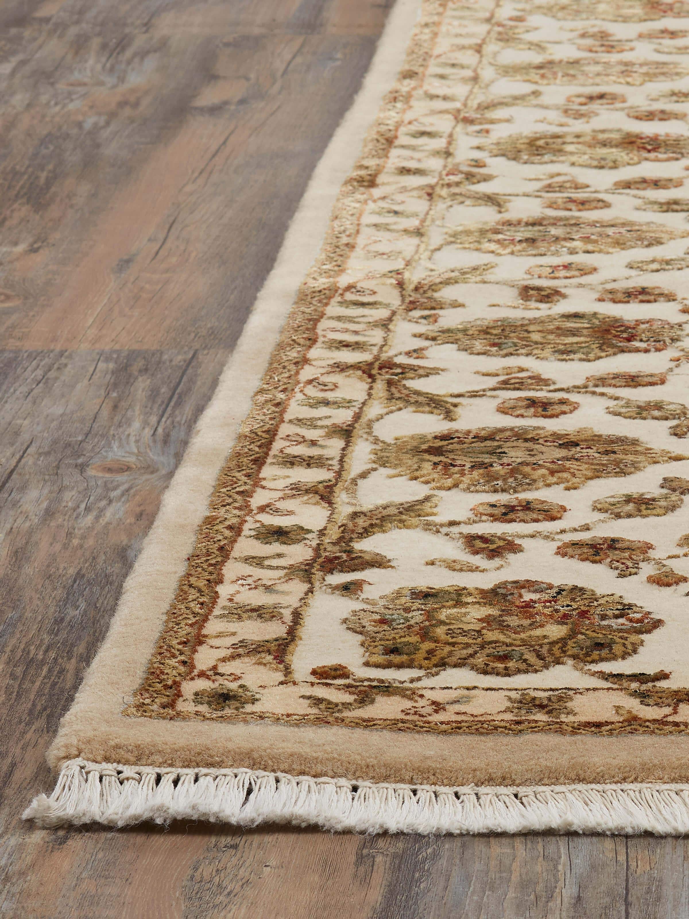 Close-up view of Ziegler traditional light pink Jaipur wool & silk hand-knotted rug showcasing detailed pattern and craftsmanship